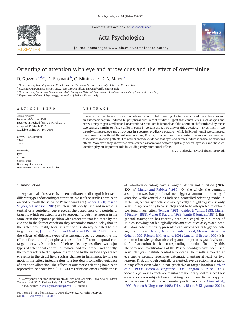 Orienting of attention with eye and arrow cues and the effect of overtraining