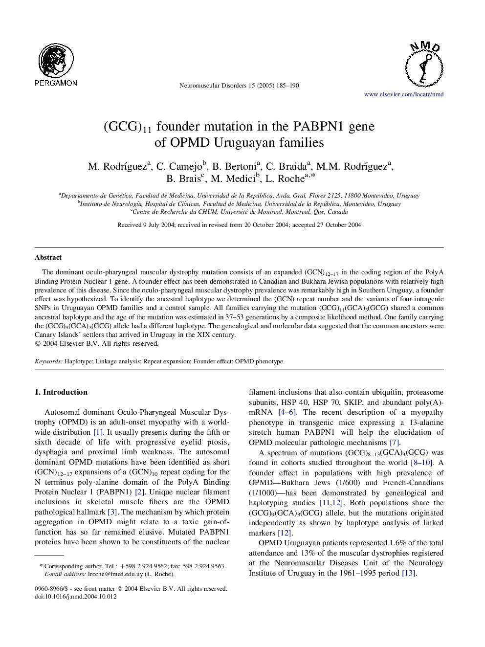 (GCG)11 founder mutation in the PABPN1 gene of OPMD Uruguayan families