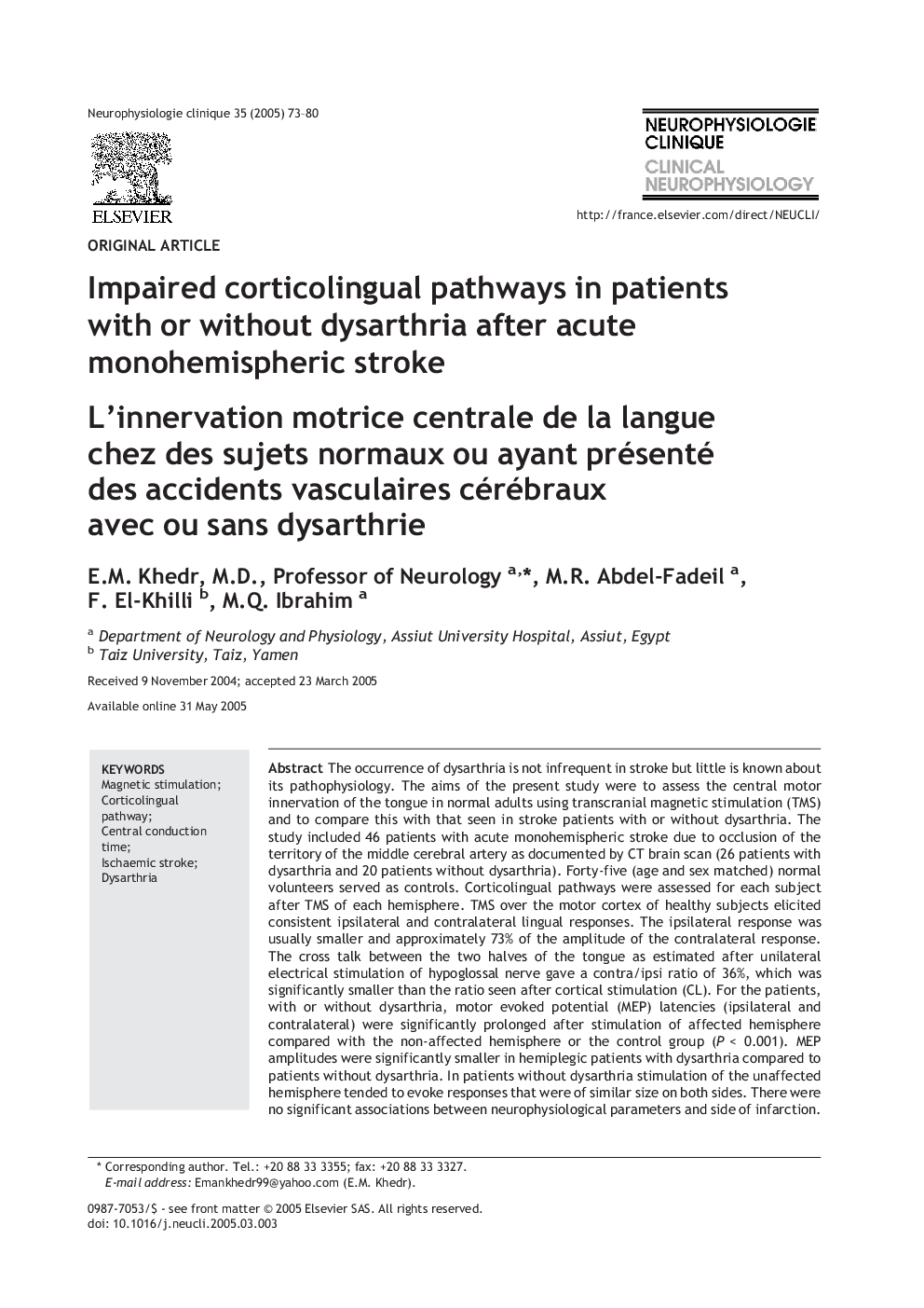 Impaired corticolingual pathways in patients with or without dysarthria after acute monohemispheric stroke