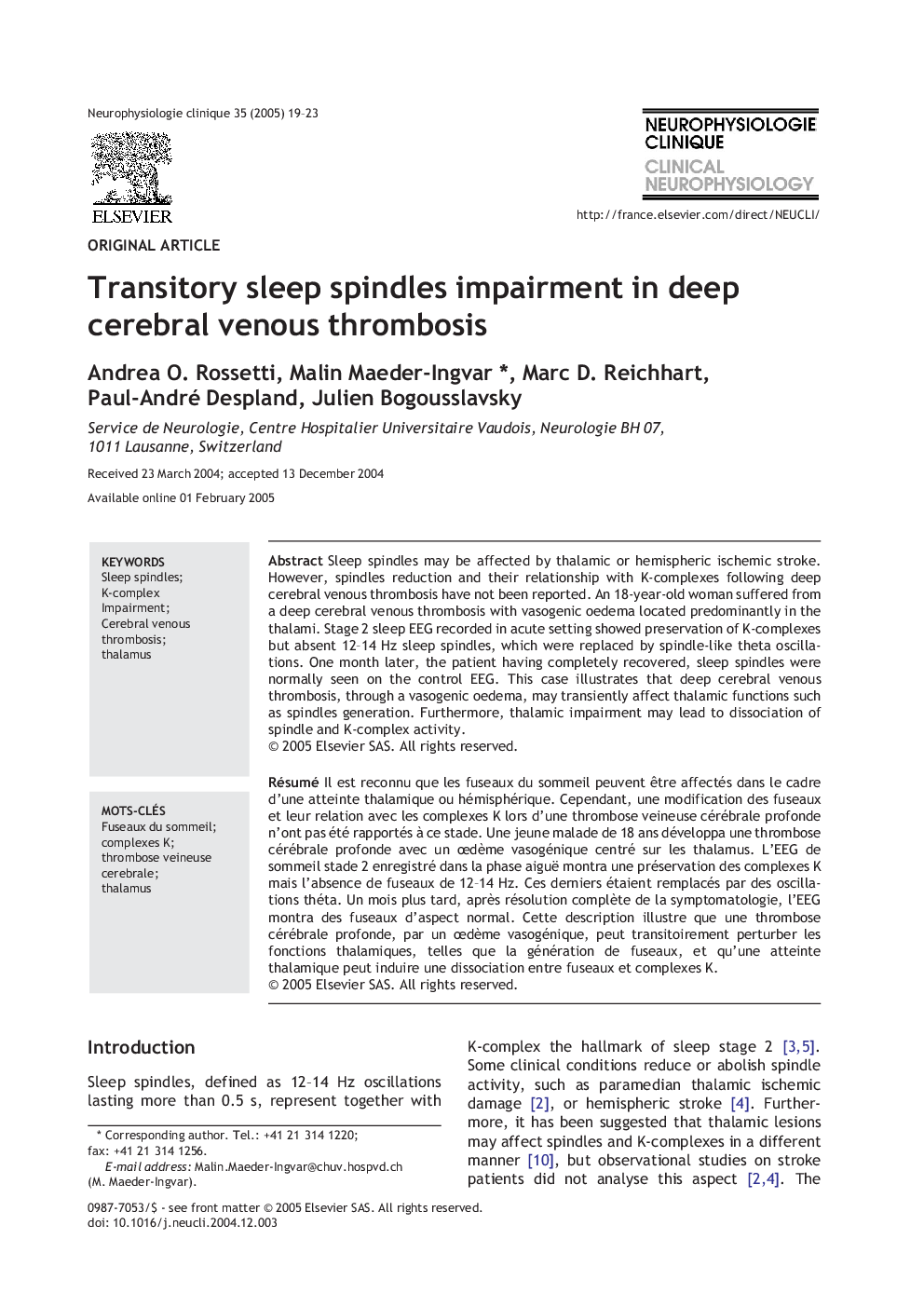 Transitory sleep spindles impairment in deep cerebral venous thrombosis