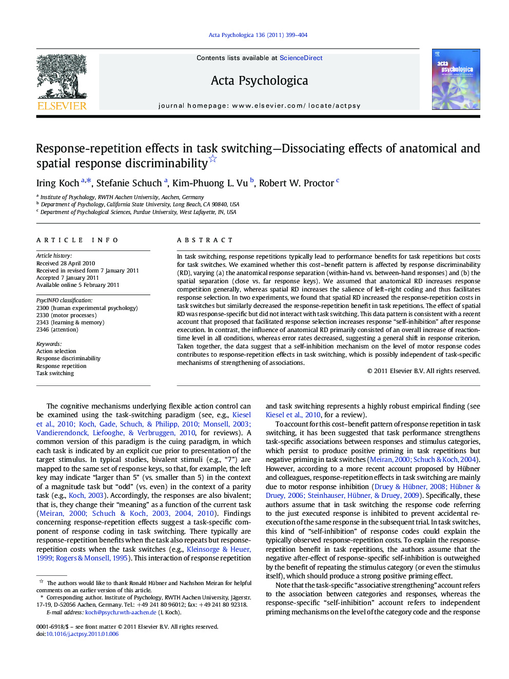 Response-repetition effects in task switching—Dissociating effects of anatomical and spatial response discriminability 