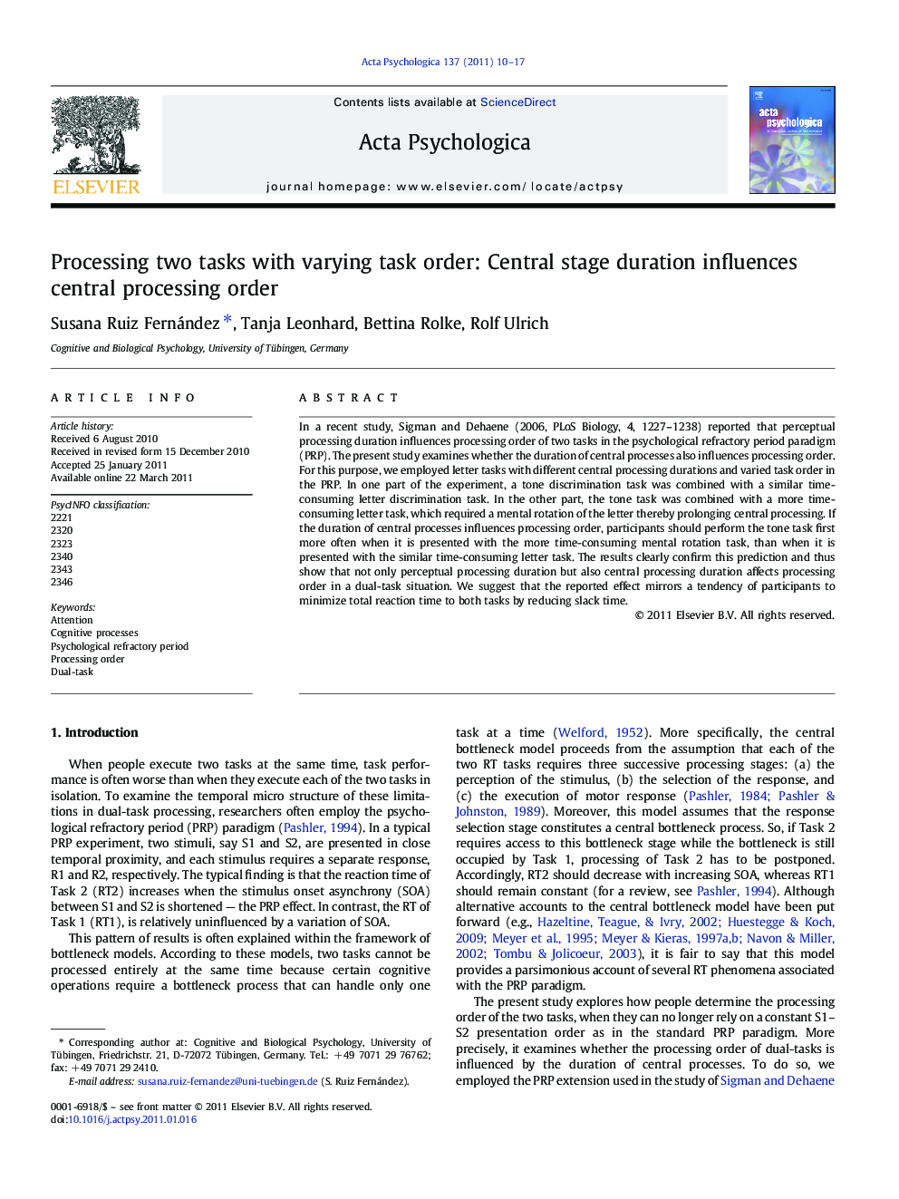 Processing two tasks with varying task order: Central stage duration influences central processing order