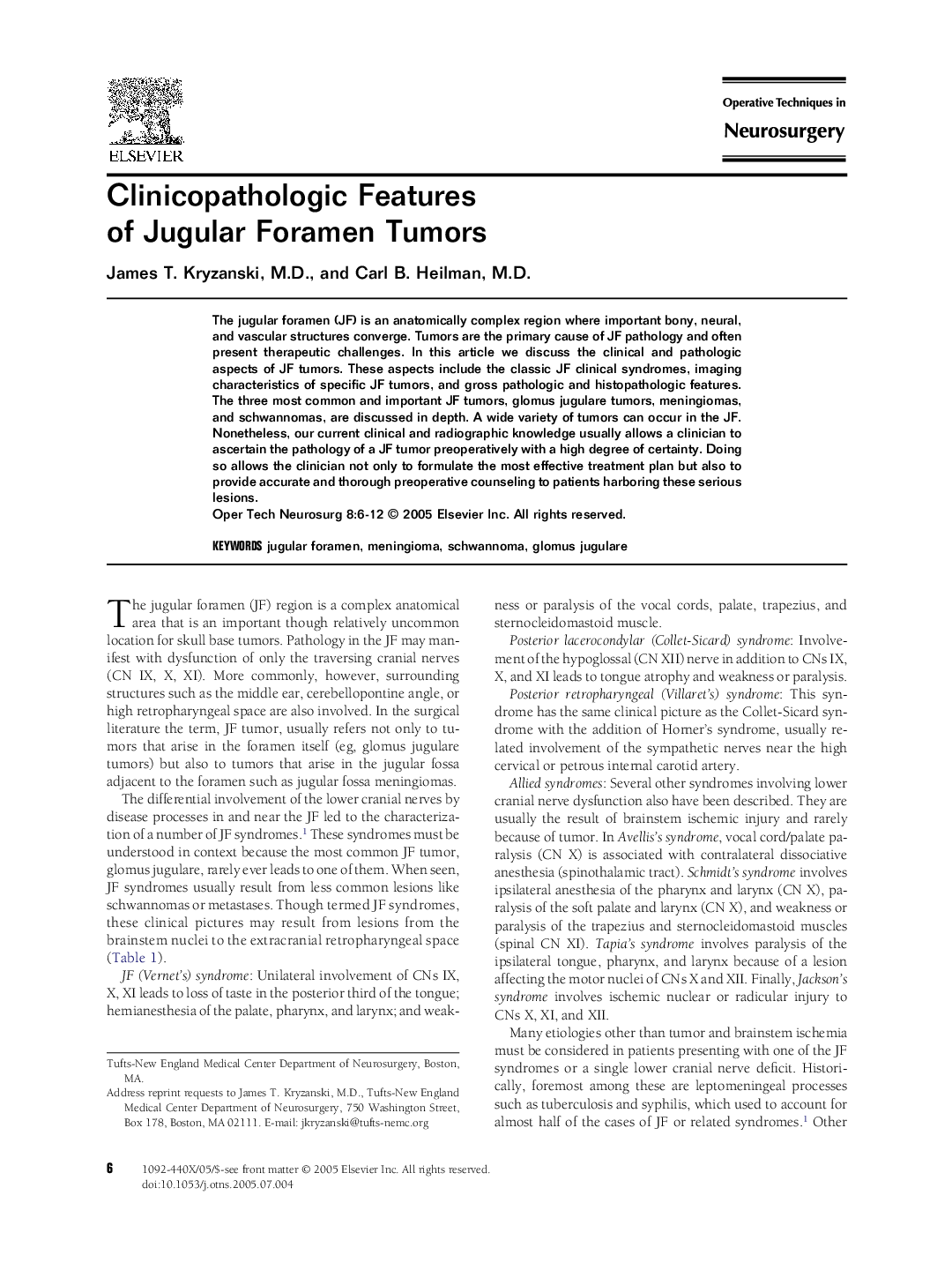 Clinicopathologic Features of Jugular Foramen Tumors