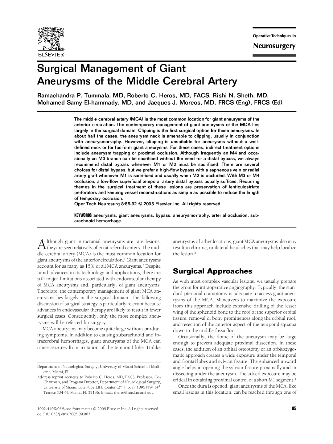 Surgical Management of Giant Aneurysms of the Middle Cerebral Artery