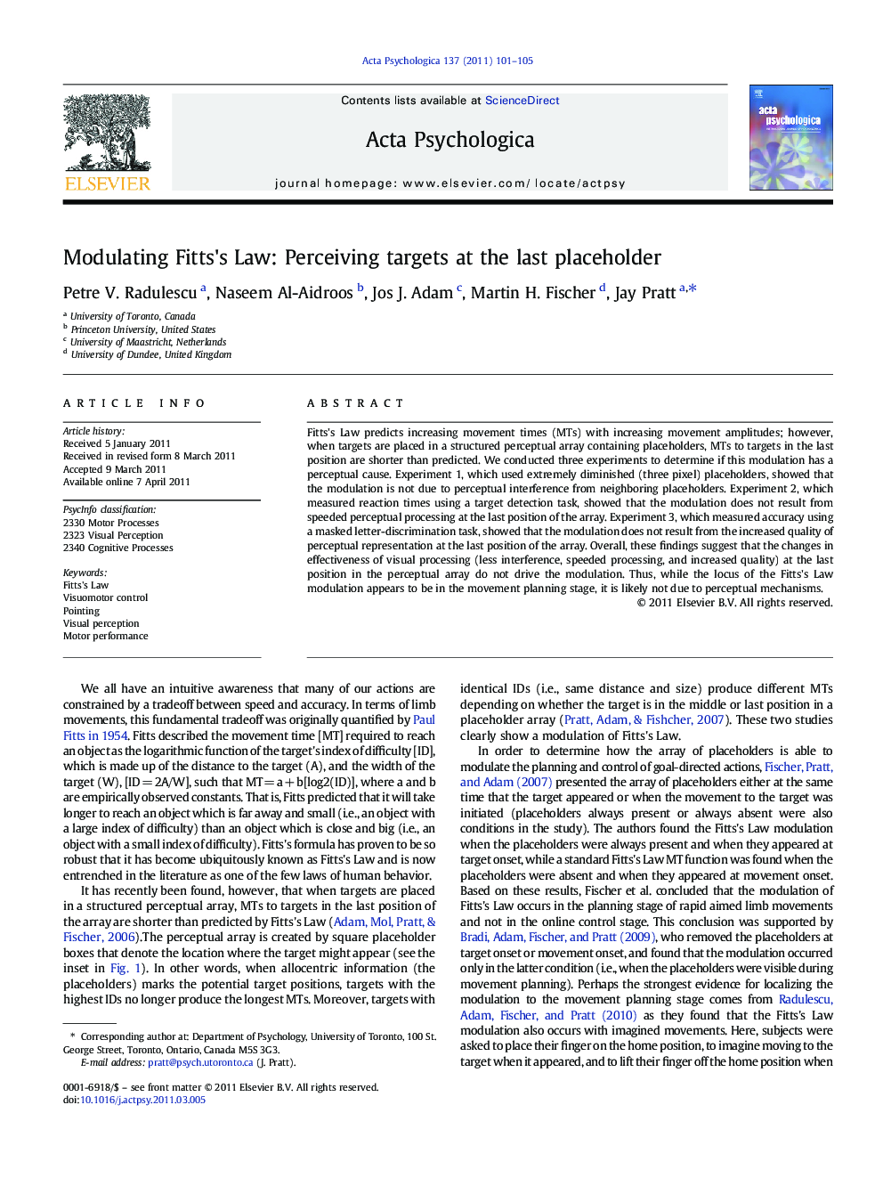 Modulating Fitts's Law: Perceiving targets at the last placeholder