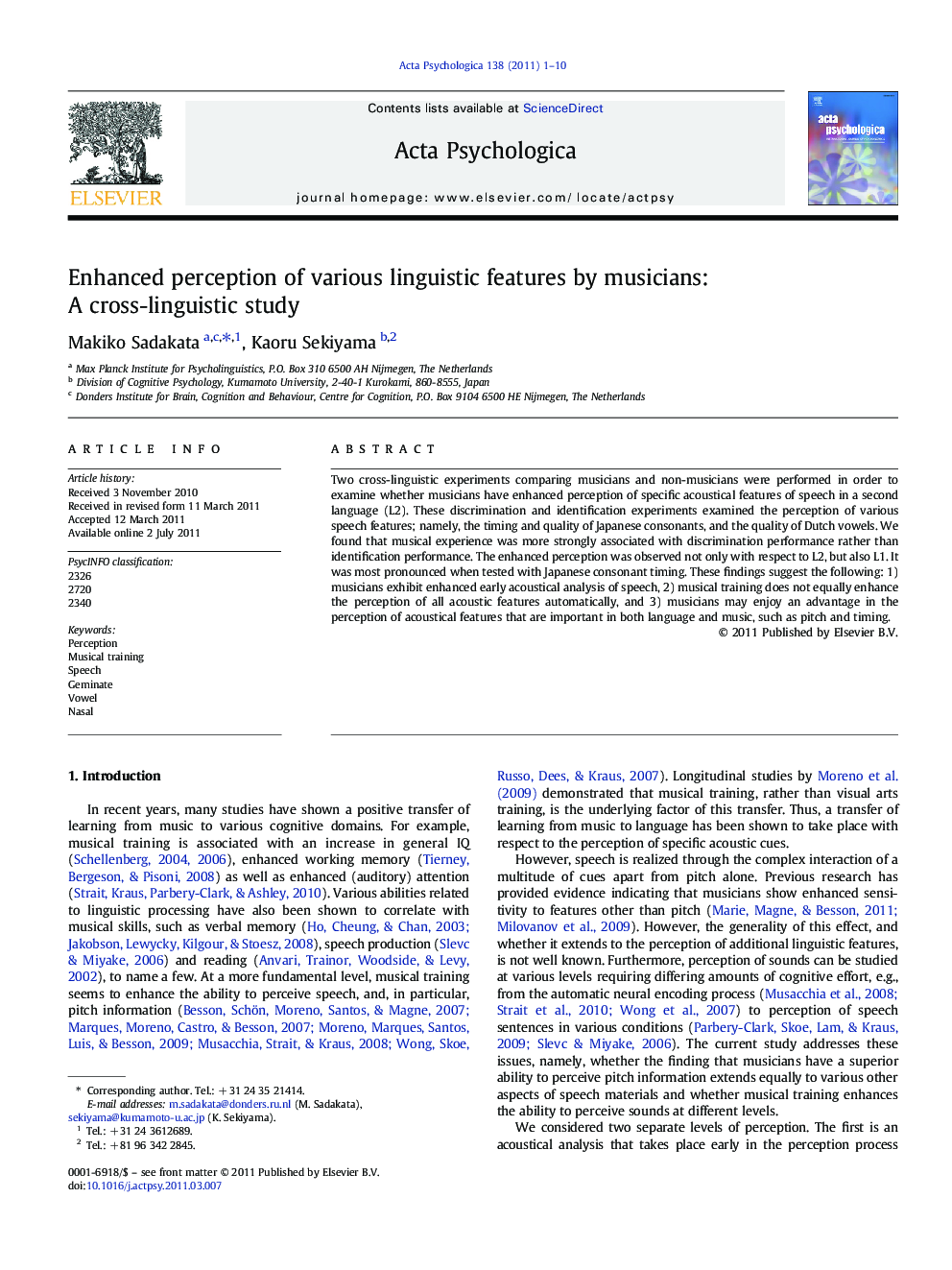 Enhanced perception of various linguistic features by musicians: A cross-linguistic study