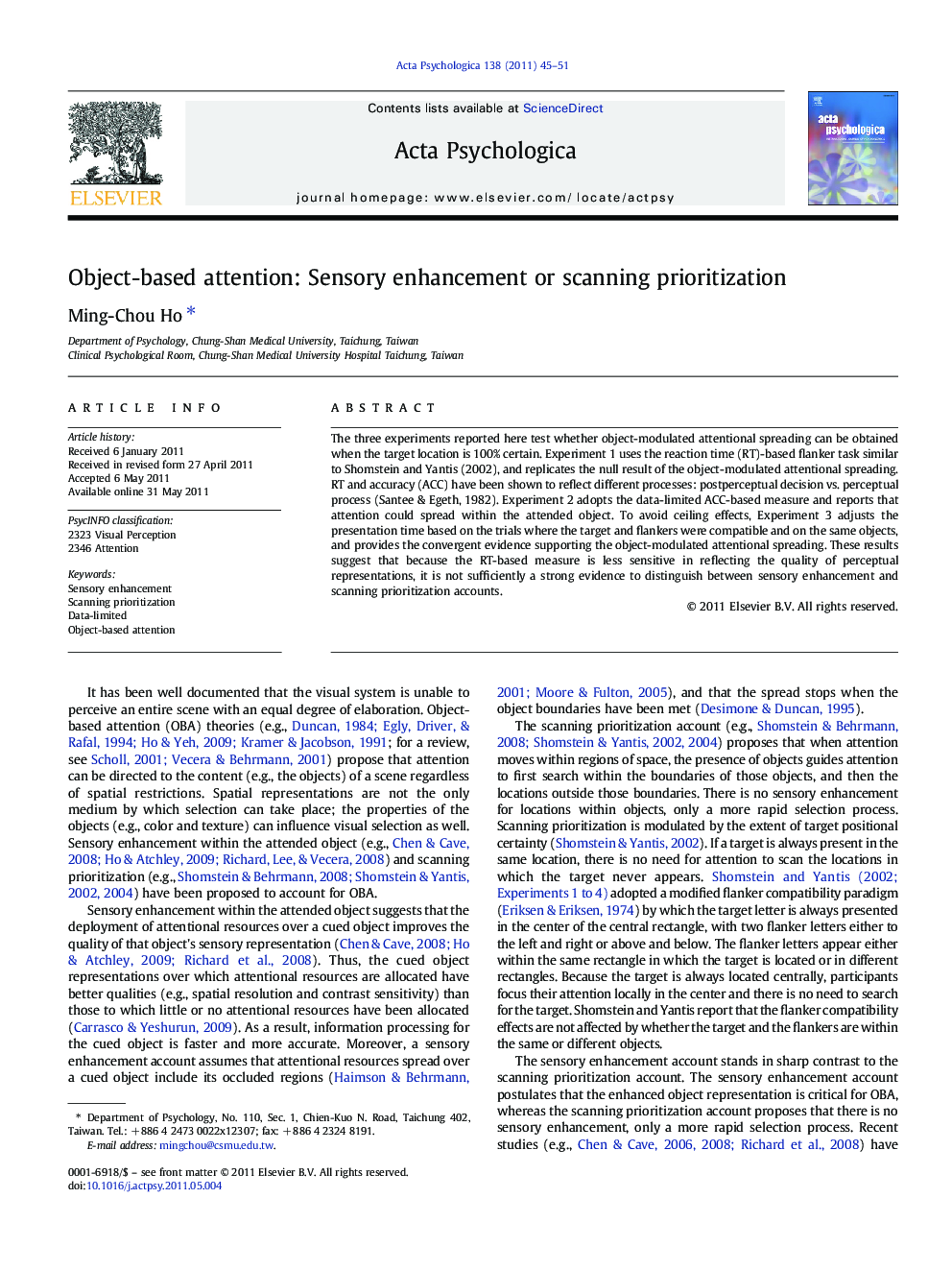 Object-based attention: Sensory enhancement or scanning prioritization