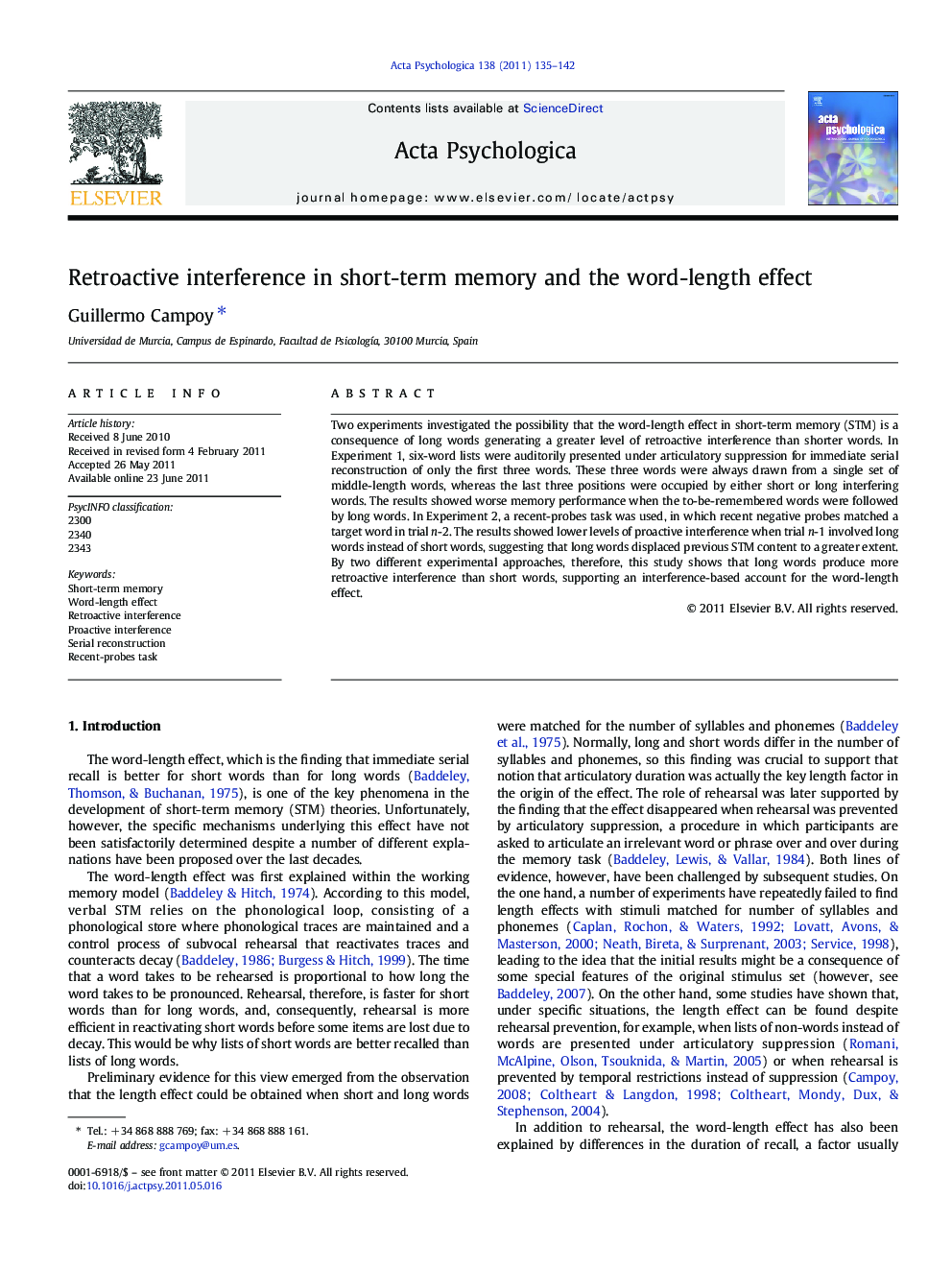 Retroactive interference in short-term memory and the word-length effect