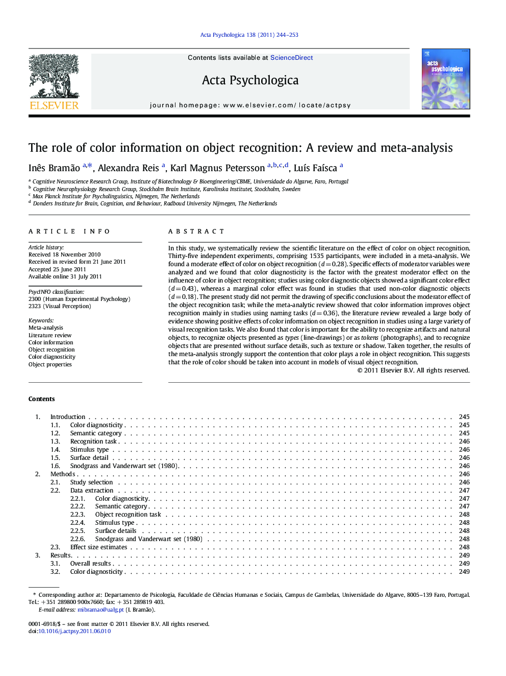 The role of color information on object recognition: A review and meta-analysis