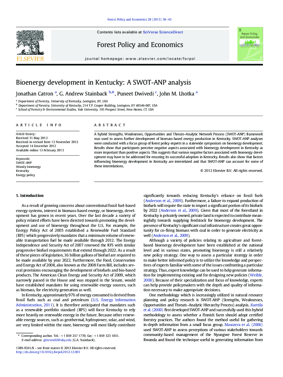 Bioenergy development in Kentucky: A SWOT-ANP analysis