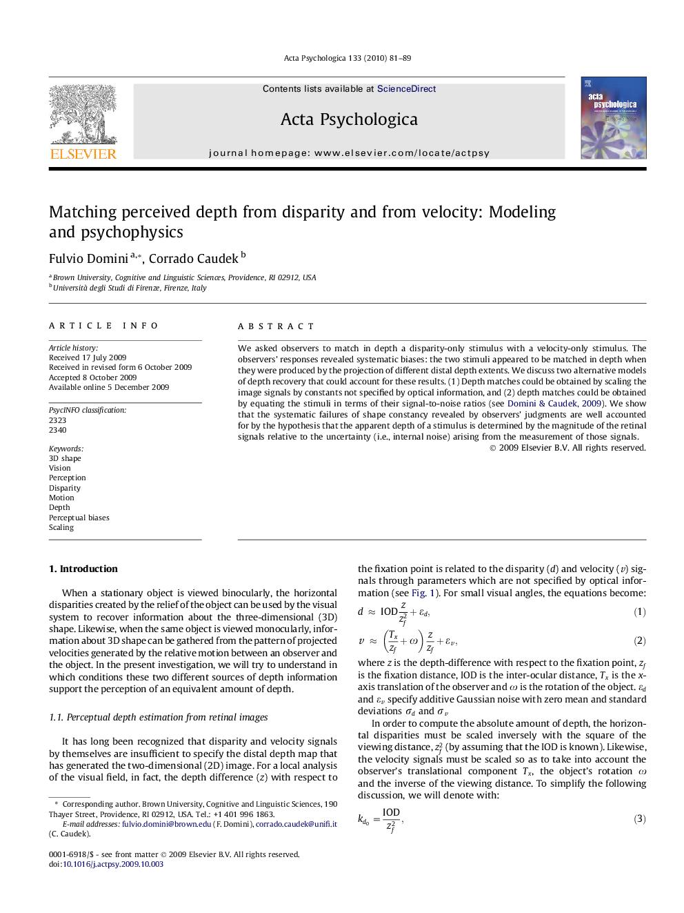 Matching perceived depth from disparity and from velocity: Modeling and psychophysics