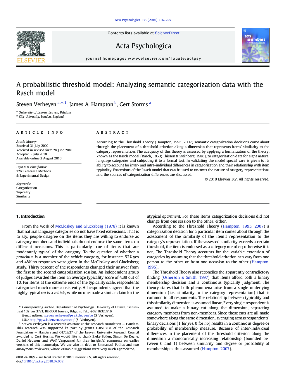 A probabilistic threshold model: Analyzing semantic categorization data with the Rasch model