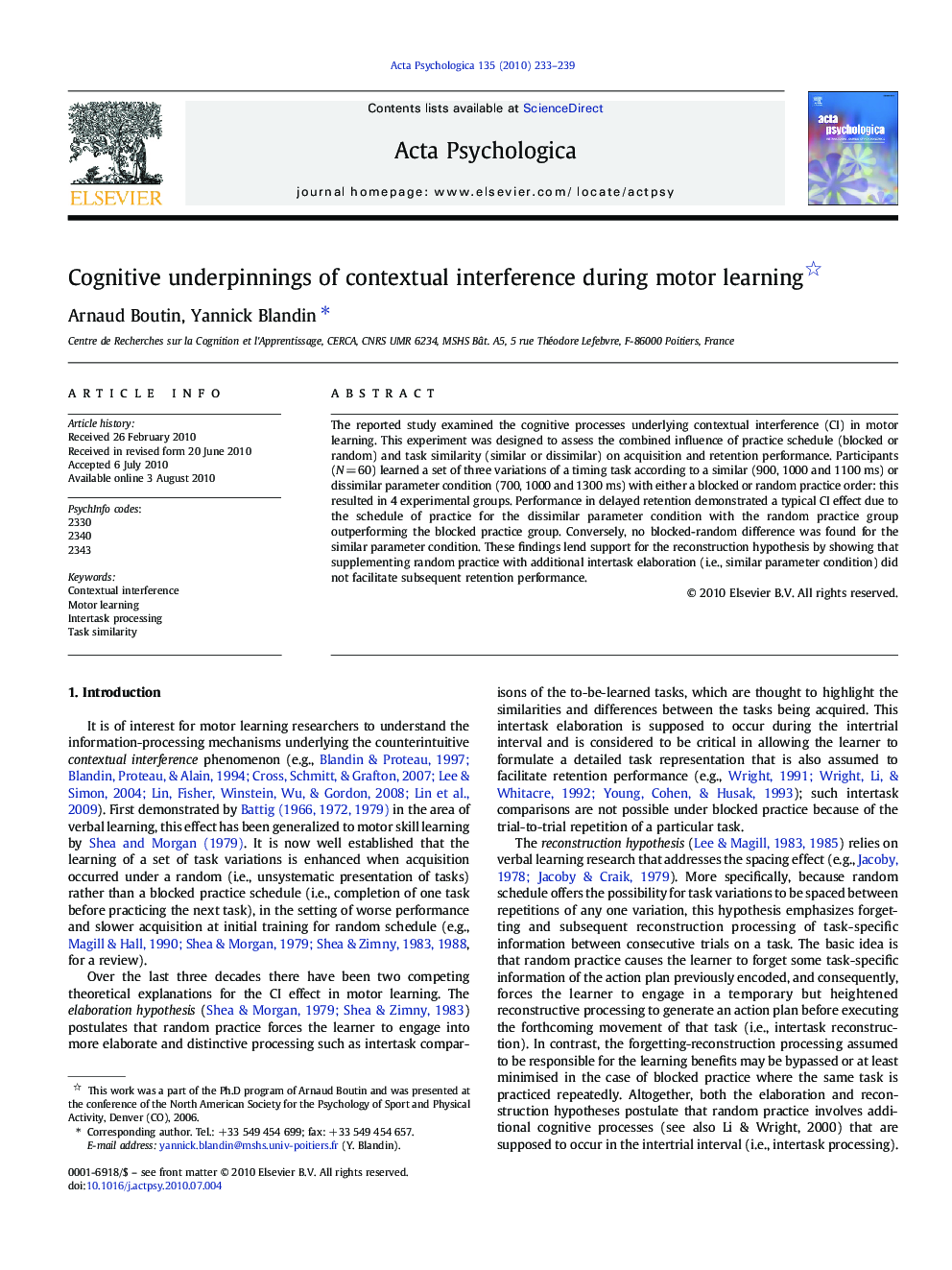 Cognitive underpinnings of contextual interference during motor learning 