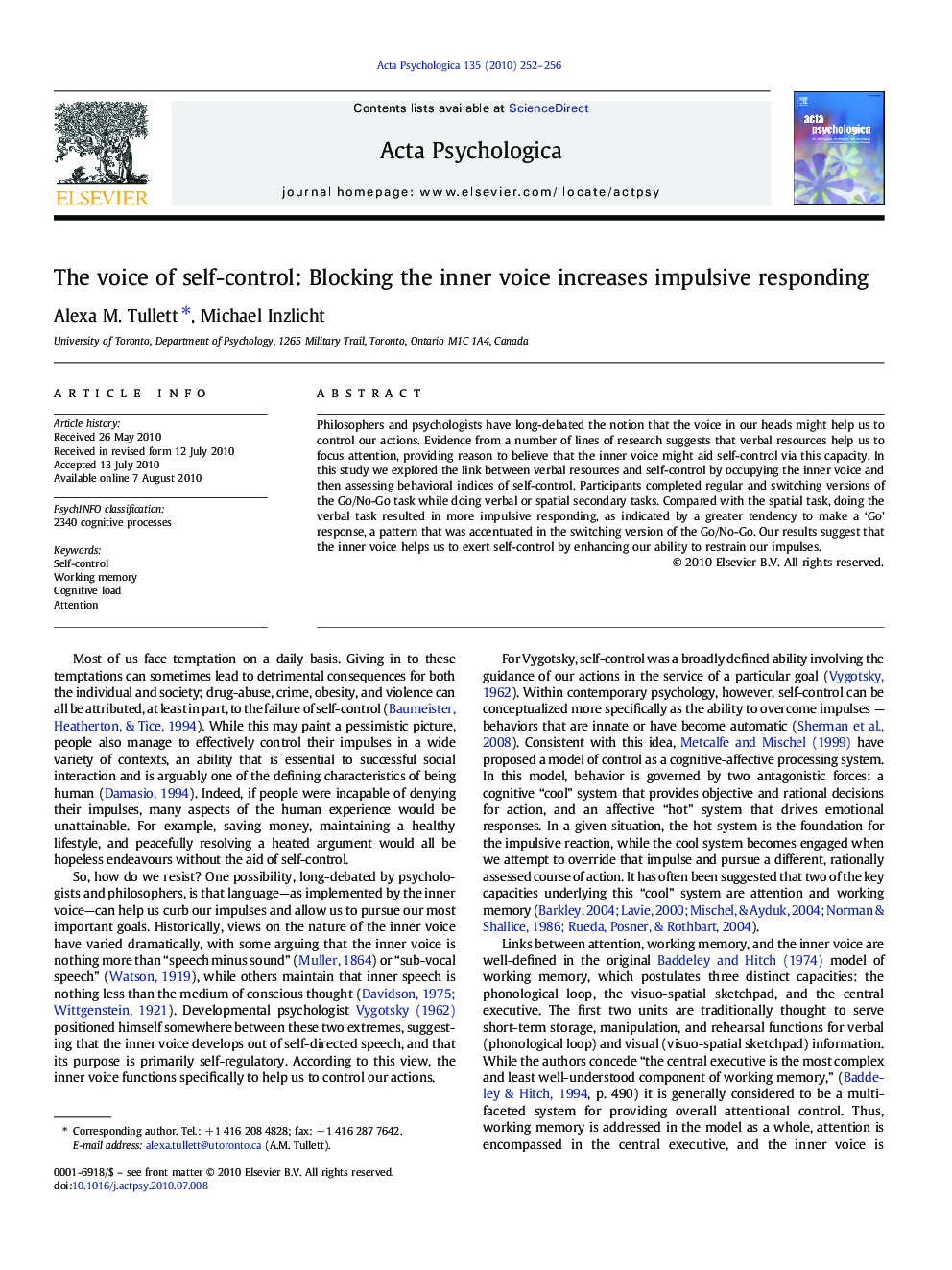 The voice of self-control: Blocking the inner voice increases impulsive responding