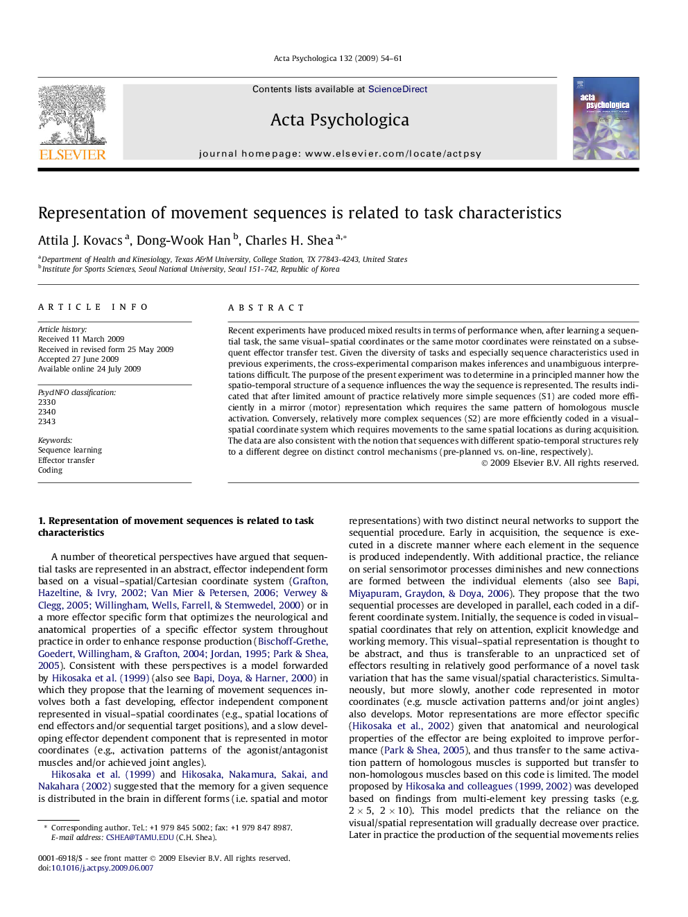 Representation of movement sequences is related to task characteristics