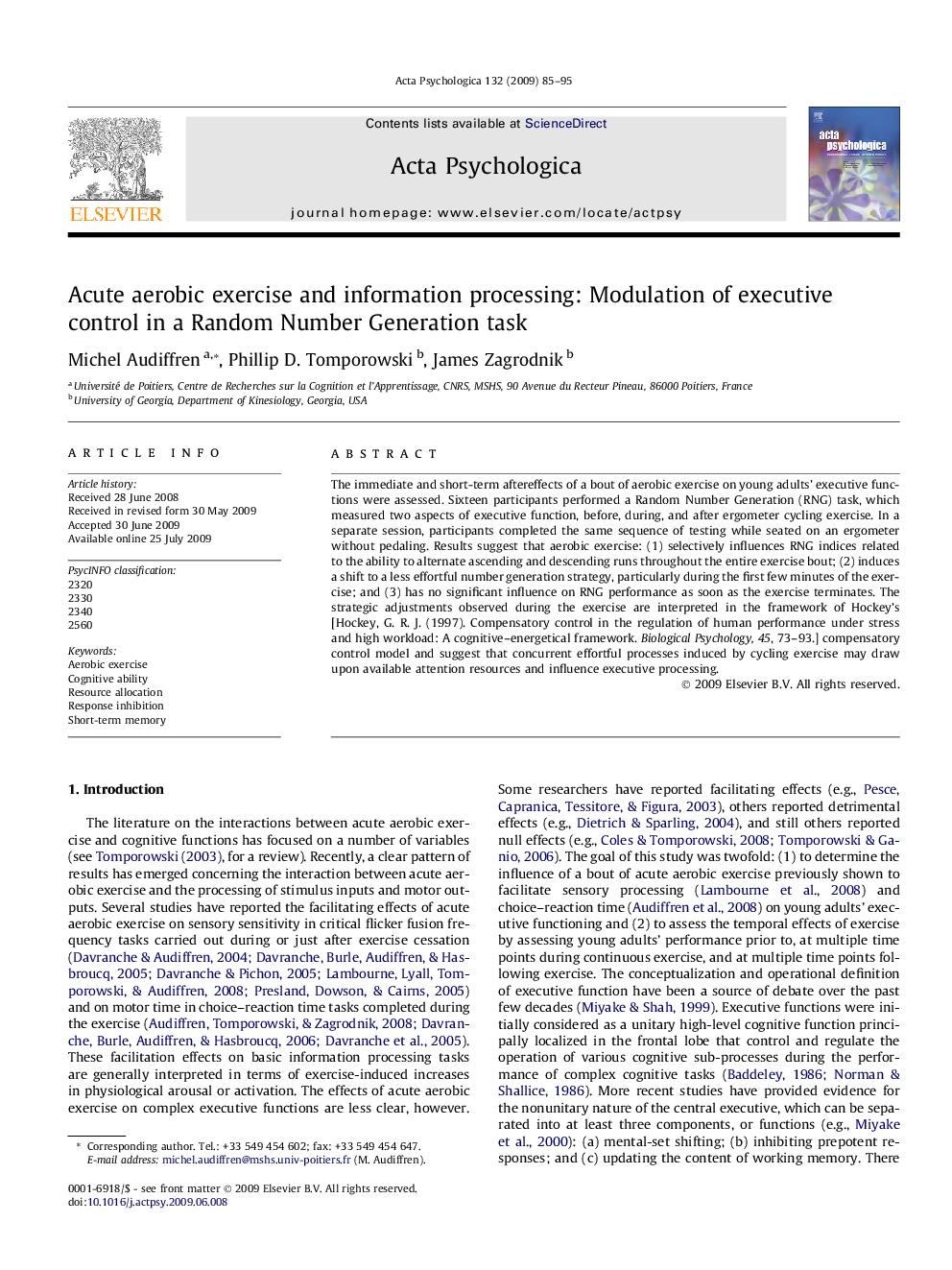 Acute aerobic exercise and information processing: Modulation of executive control in a Random Number Generation task