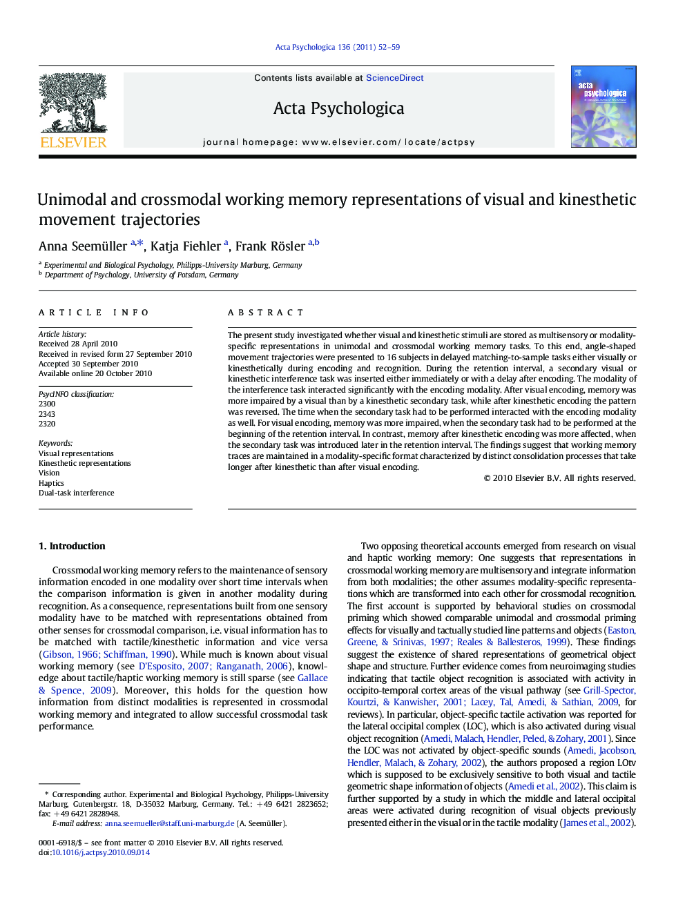 Unimodal and crossmodal working memory representations of visual and kinesthetic movement trajectories