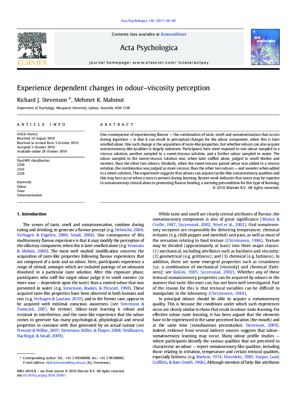 Experience dependent changes in odour–viscosity perception