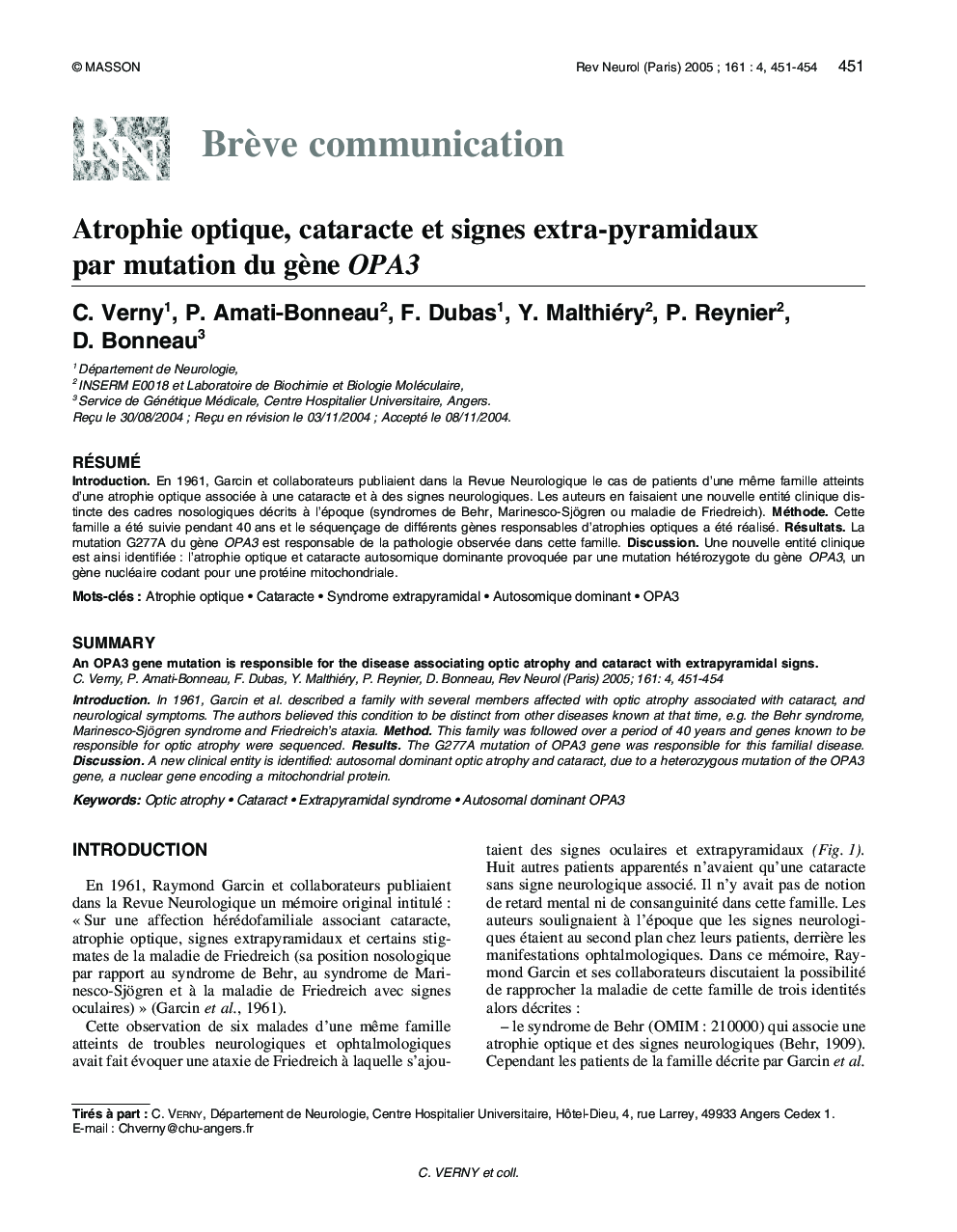 Atrophie optique, cataracte et signes extra-pyramidaux par mutation du gÃ¨ne OPA3