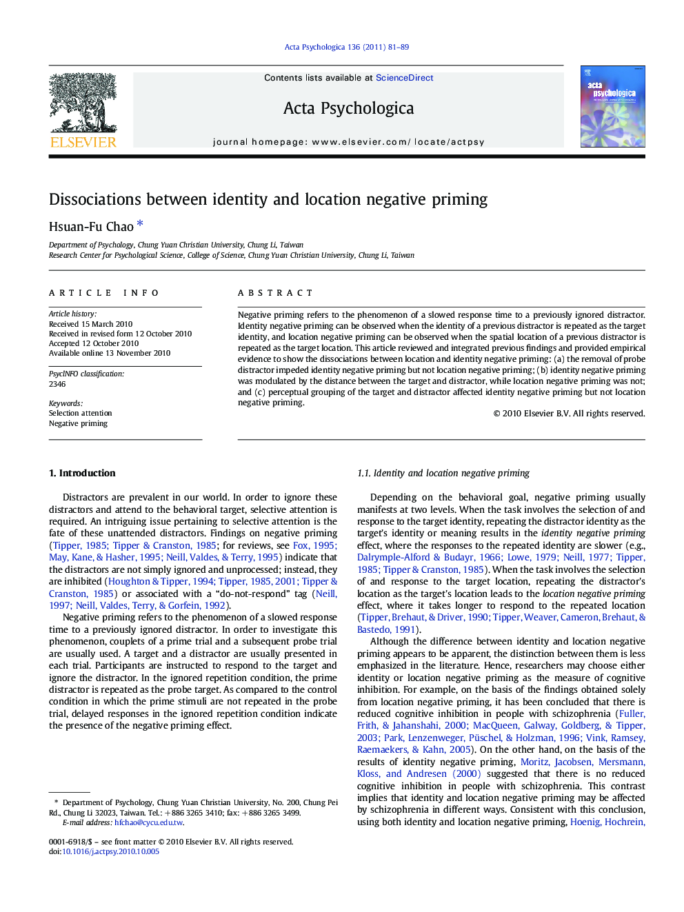 Dissociations between identity and location negative priming