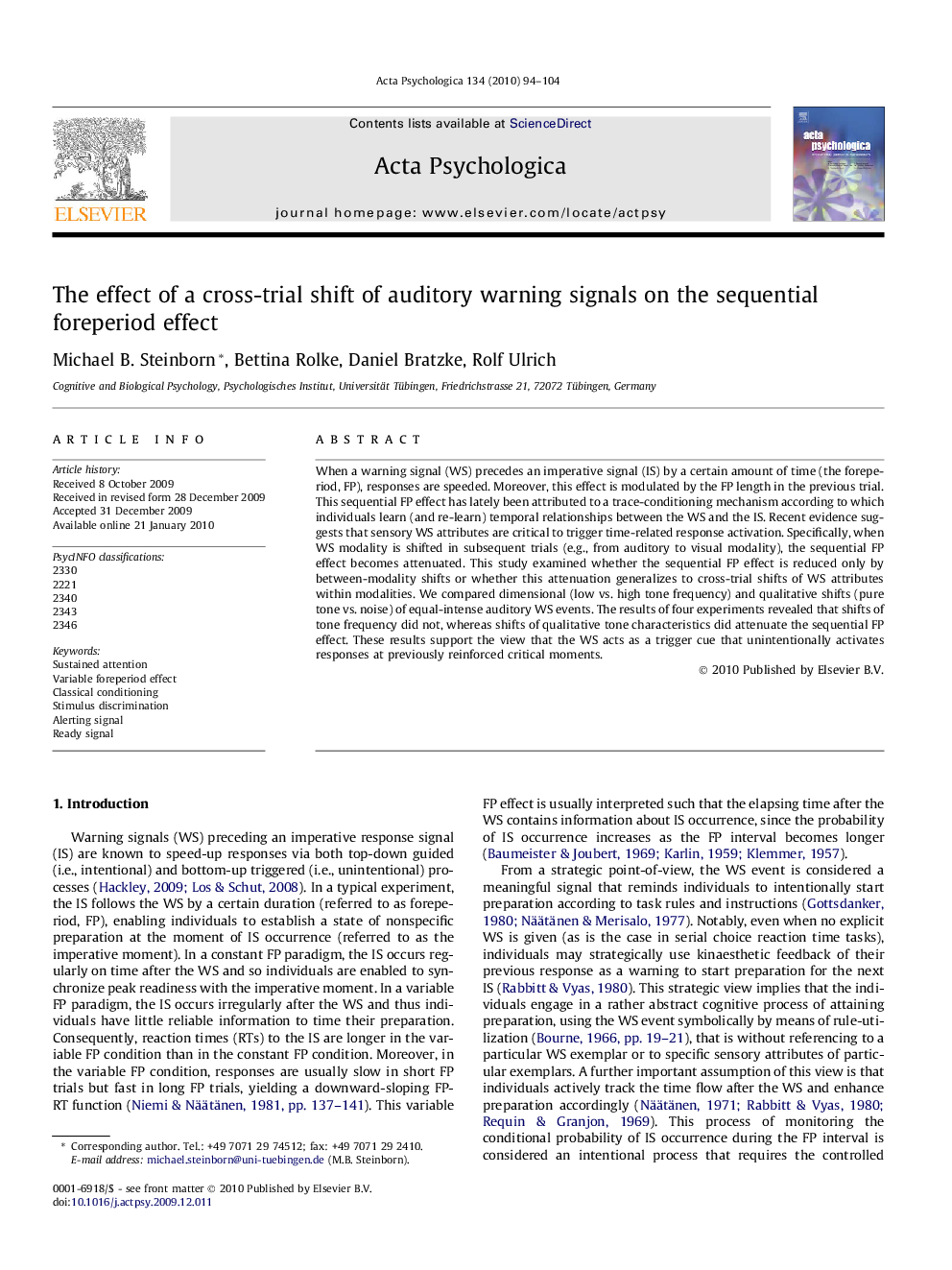 The effect of a cross-trial shift of auditory warning signals on the sequential foreperiod effect