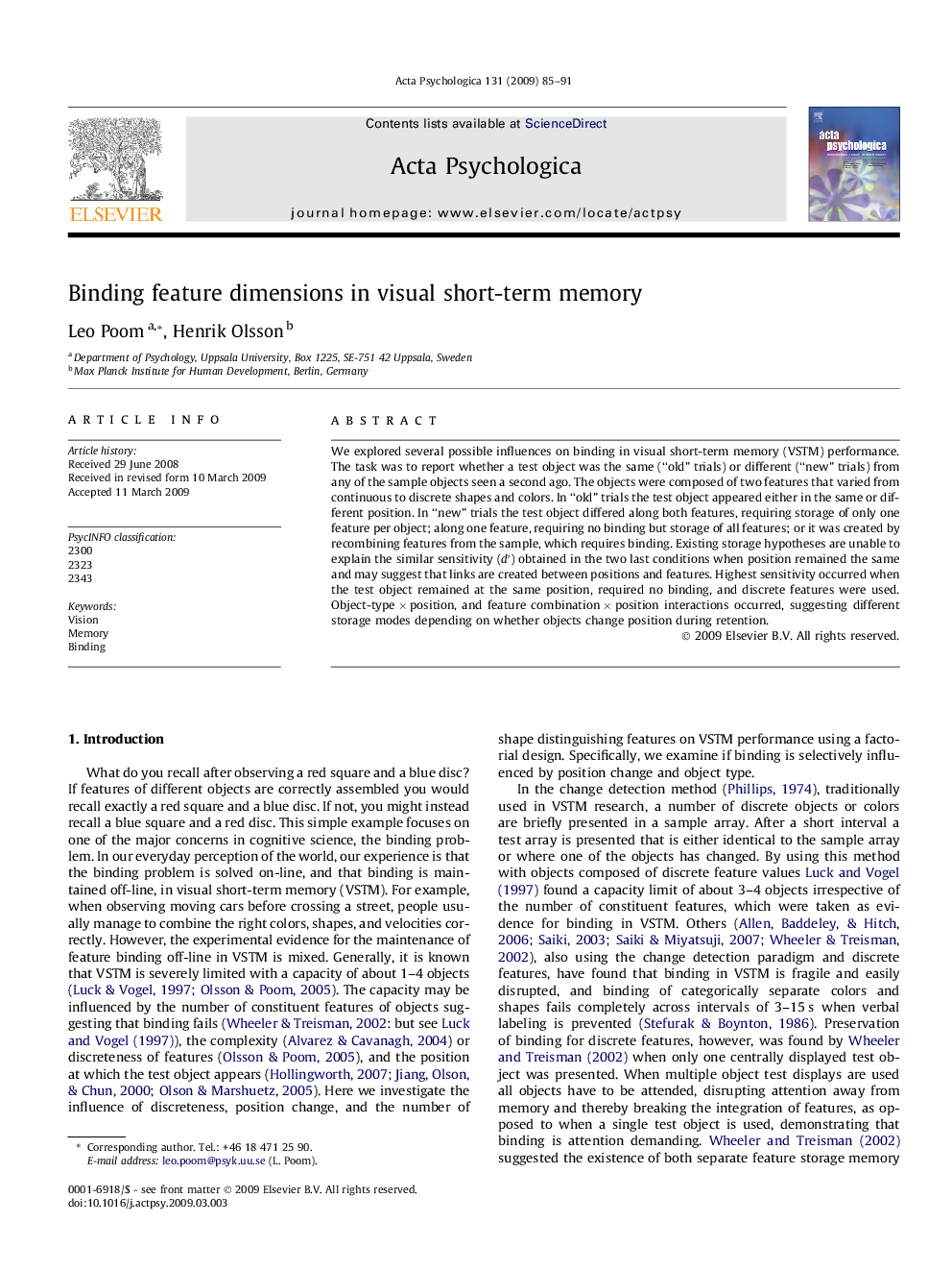 Binding feature dimensions in visual short-term memory