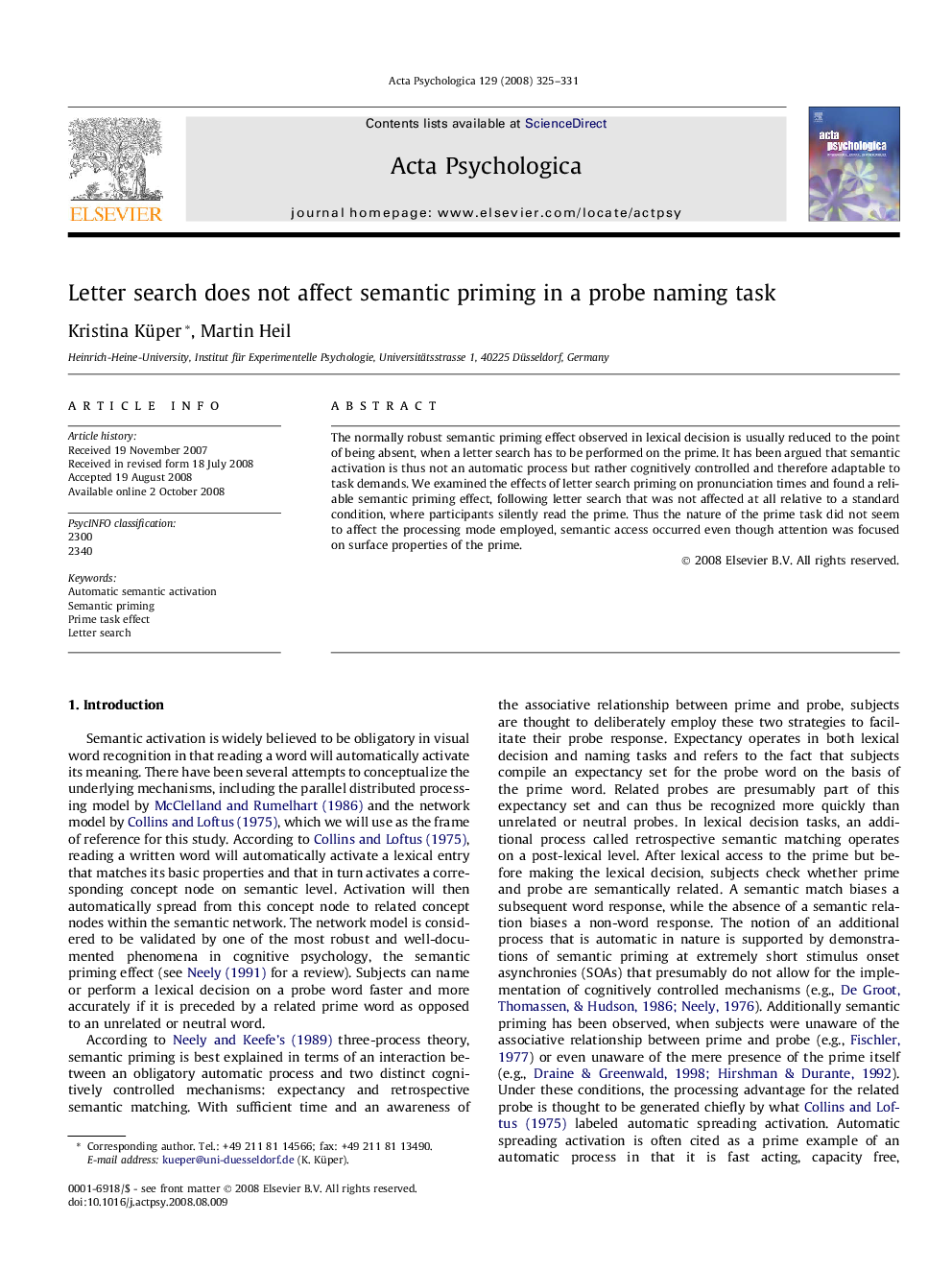 Letter search does not affect semantic priming in a probe naming task