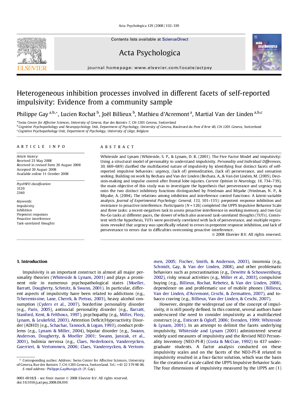 Heterogeneous inhibition processes involved in different facets of self-reported impulsivity: Evidence from a community sample