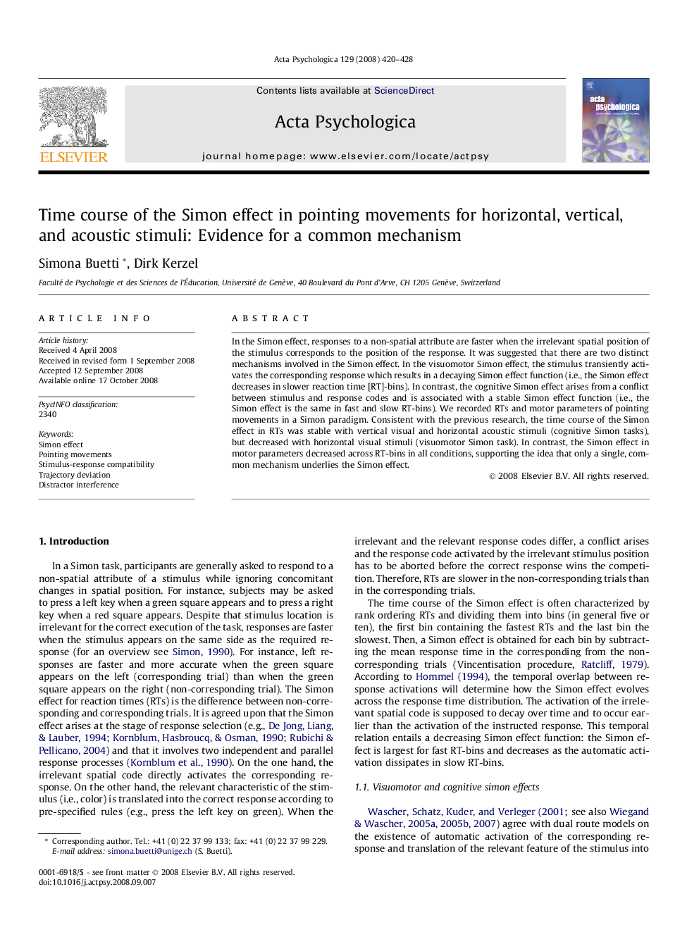 Time course of the Simon effect in pointing movements for horizontal, vertical, and acoustic stimuli: Evidence for a common mechanism