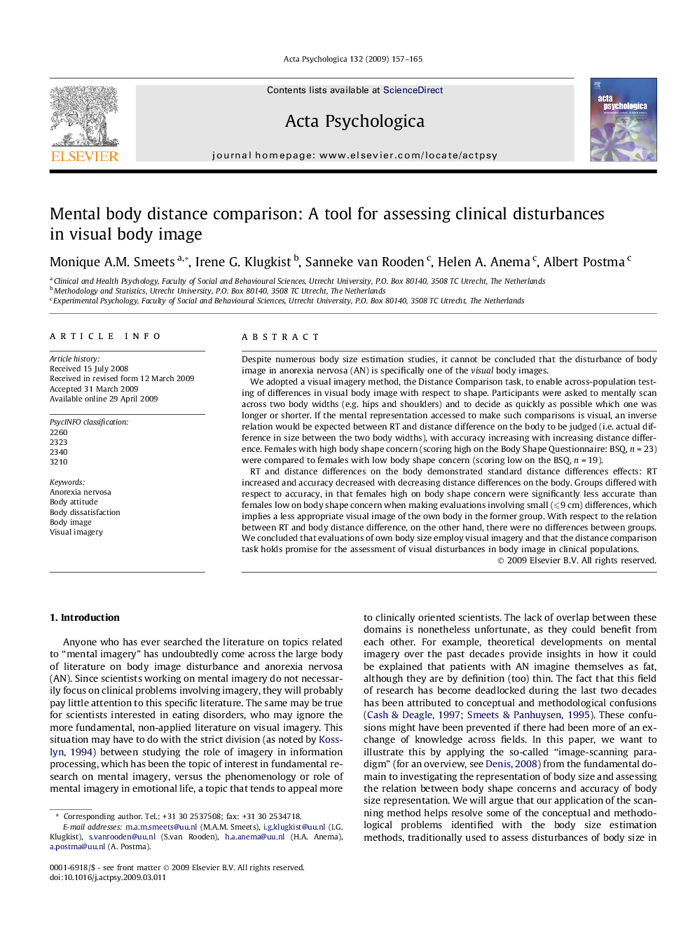 Mental body distance comparison: A tool for assessing clinical disturbances in visual body image