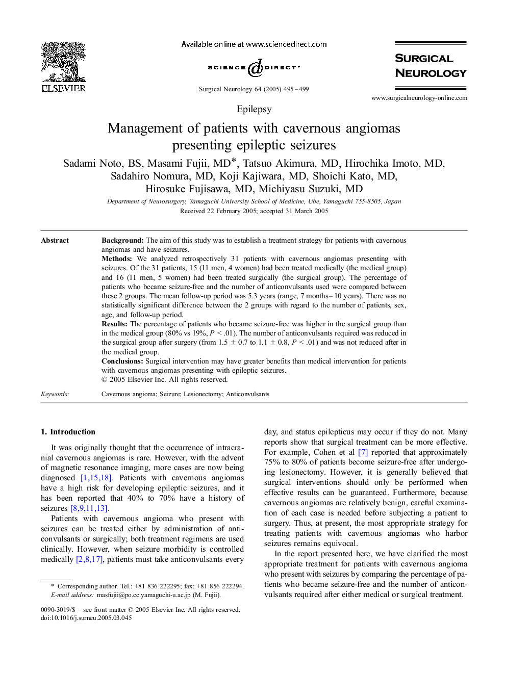 Management of patients with cavernous angiomas presenting epileptic seizures