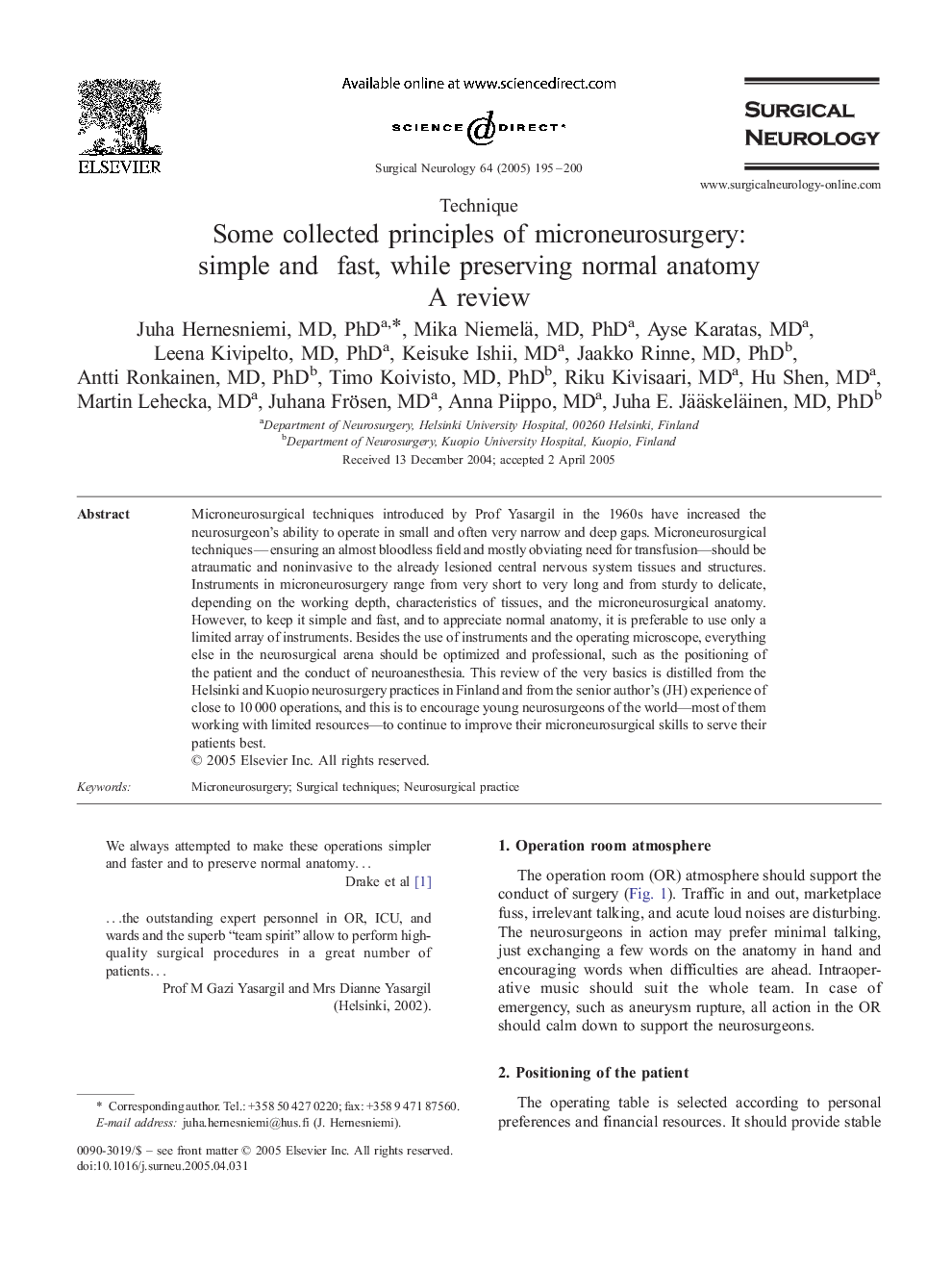 Some collected principles of microneurosurgery: simple and fast, while preserving normal anatomy