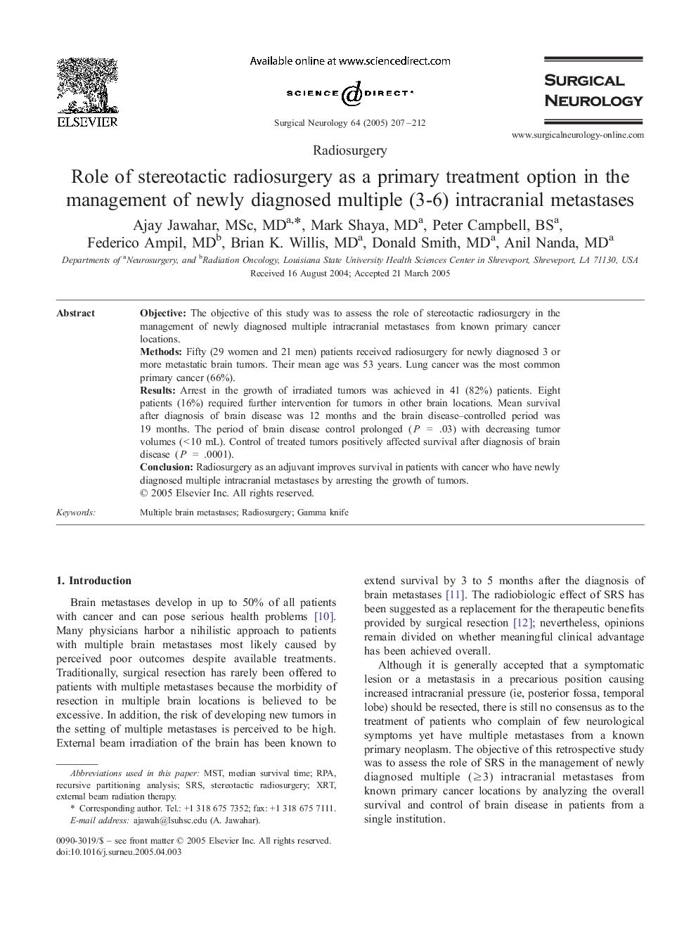 Role of stereotactic radiosurgery as a primary treatment option in the management of newly diagnosed multiple (3-6) intracranial metastases