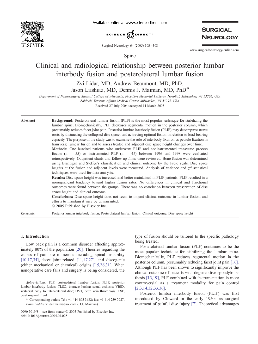 Clinical and radiological relationship between posterior lumbar interbody fusion and posterolateral lumbar fusion