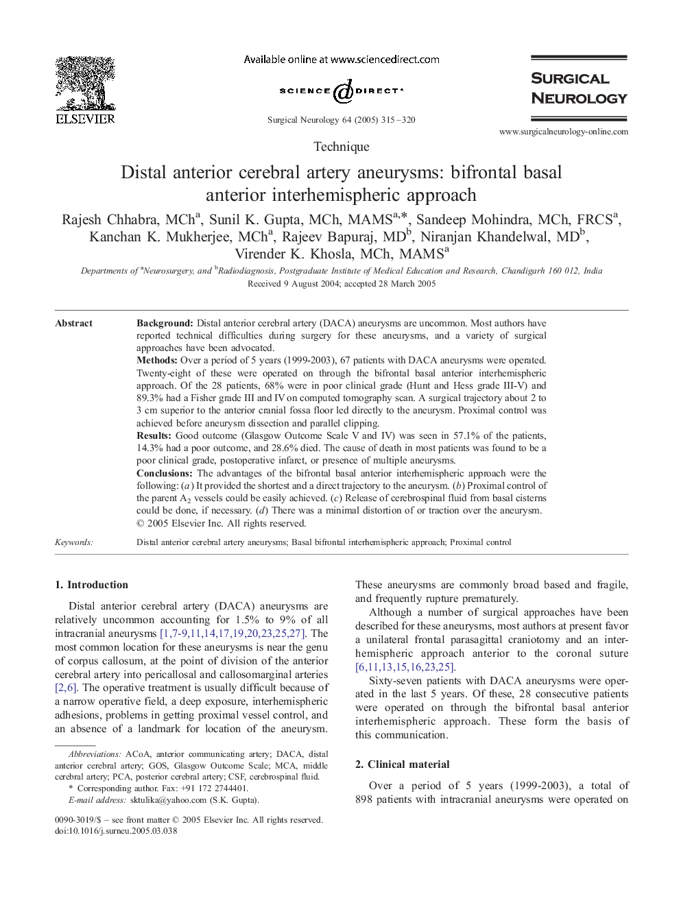 Distal anterior cerebral artery aneurysms: bifrontal basal anterior interhemispheric approach