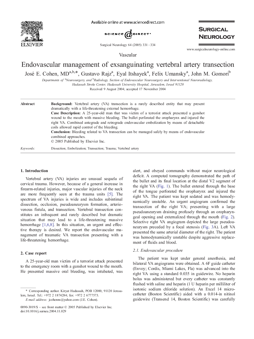 عکس صفحه اول مقاله: Endovascular management of exsanguinating vertebral artery transection Endovascular management of exsanguinating vertebral artery transection