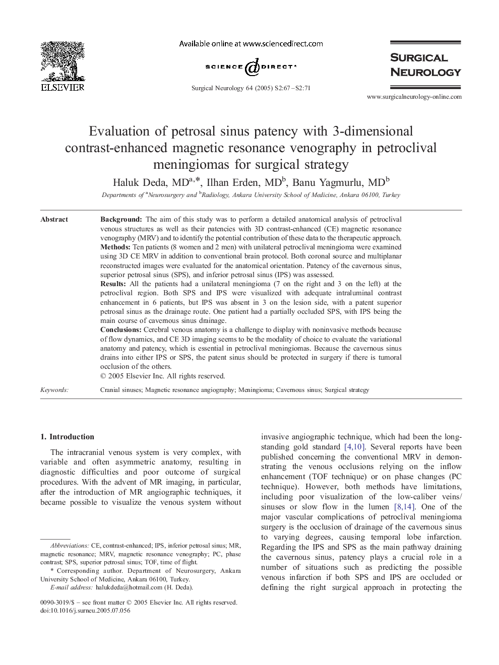 Evaluation of petrosal sinus patency with 3-dimensional contrast-enhanced magnetic resonance venography in petroclival meningiomas for surgical strategy