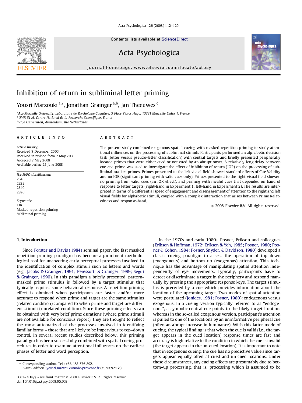 Inhibition of return in subliminal letter priming