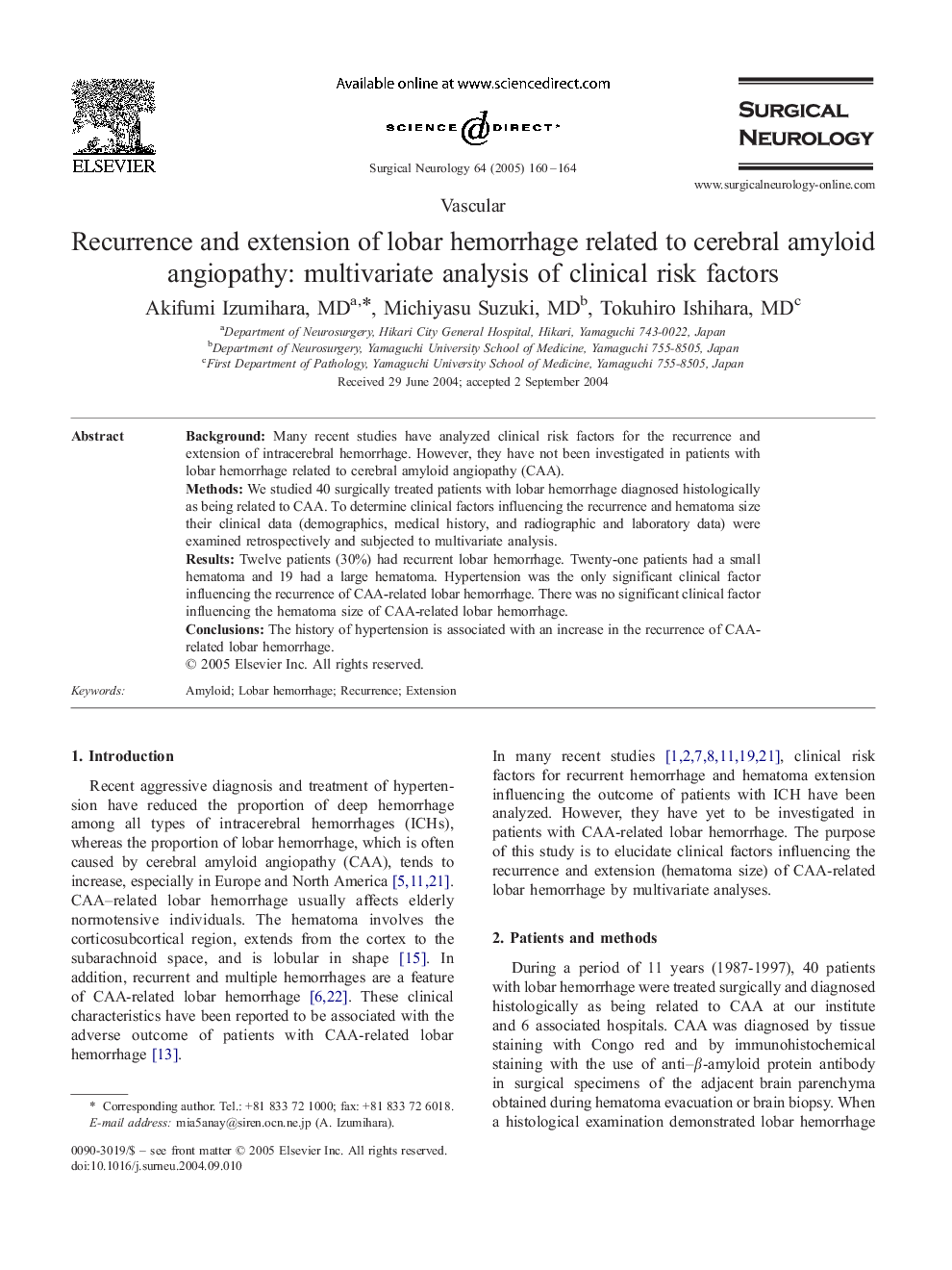 Recurrence and extension of lobar hemorrhage related to cerebral amyloid angiopathy: multivariate analysis of clinical risk factors