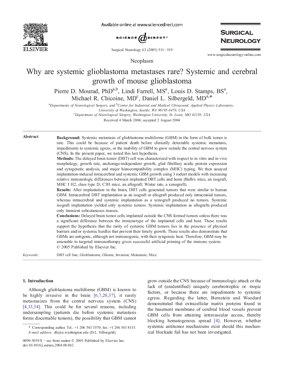 Why are systemic glioblastoma metastases rare? Systemic and cerebral growth of mouse glioblastoma