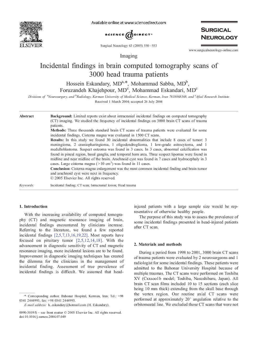 Incidental findings in brain computed tomography scans of 3000 head trauma patients