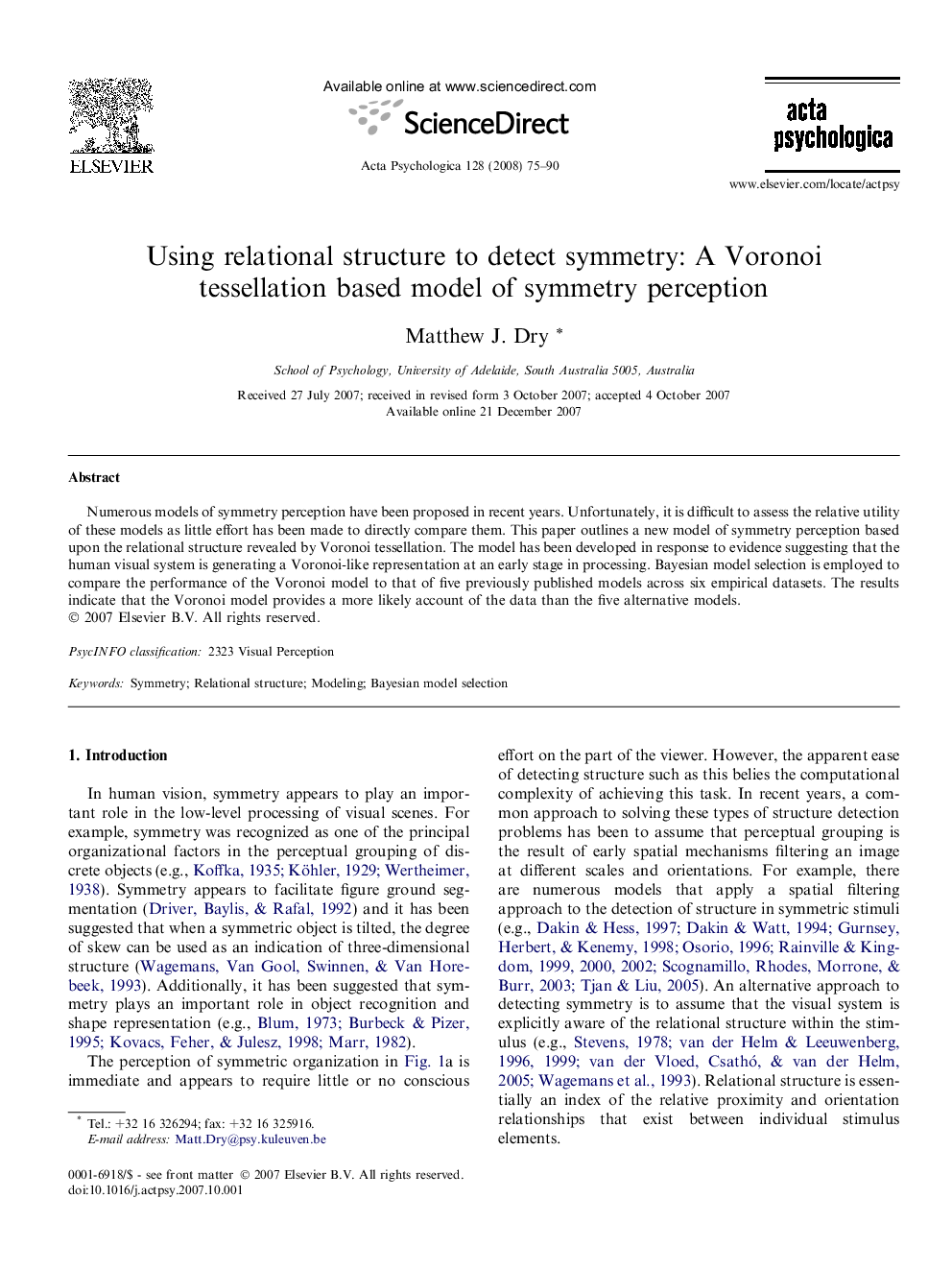 Using relational structure to detect symmetry: A Voronoi tessellation based model of symmetry perception