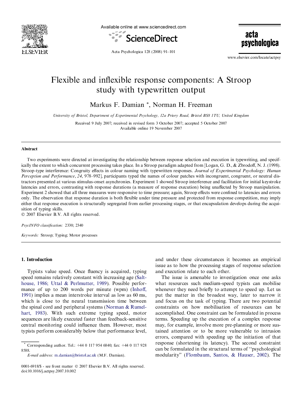 Flexible and inflexible response components: A Stroop study with typewritten output