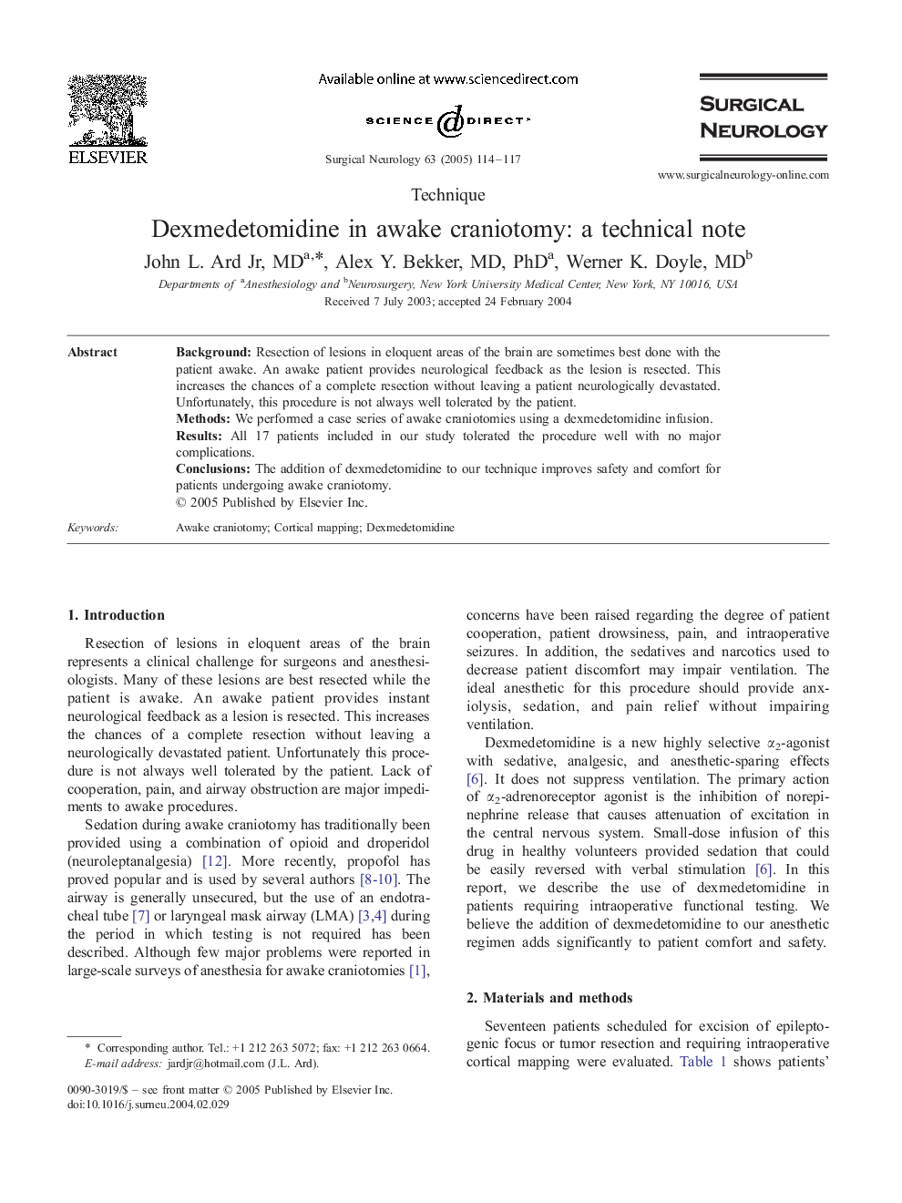 Dexmedetomidine in awake craniotomy: a technical note