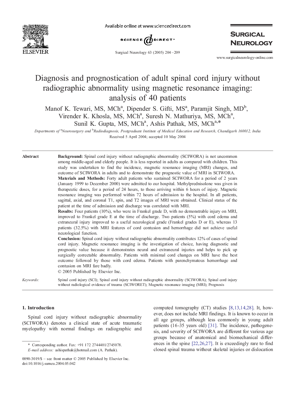 Diagnosis and prognostication of adult spinal cord injury without radiographic abnormality using magnetic resonance imaging: analysis of 40 patients