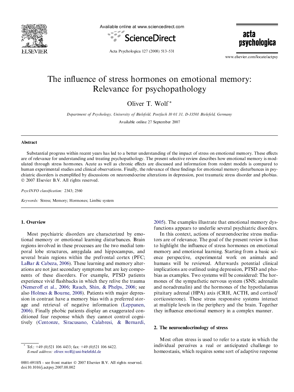 The influence of stress hormones on emotional memory: Relevance for psychopathology