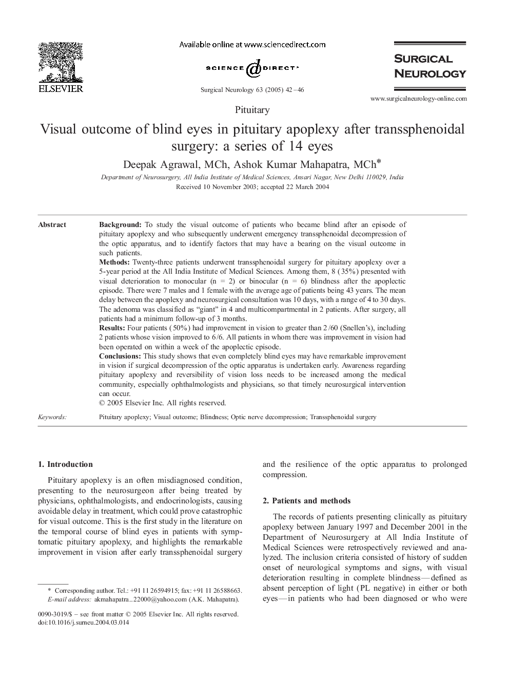 Visual outcome of blind eyes in pituitary apoplexy after transsphenoidal surgery: a series of 14 eyes