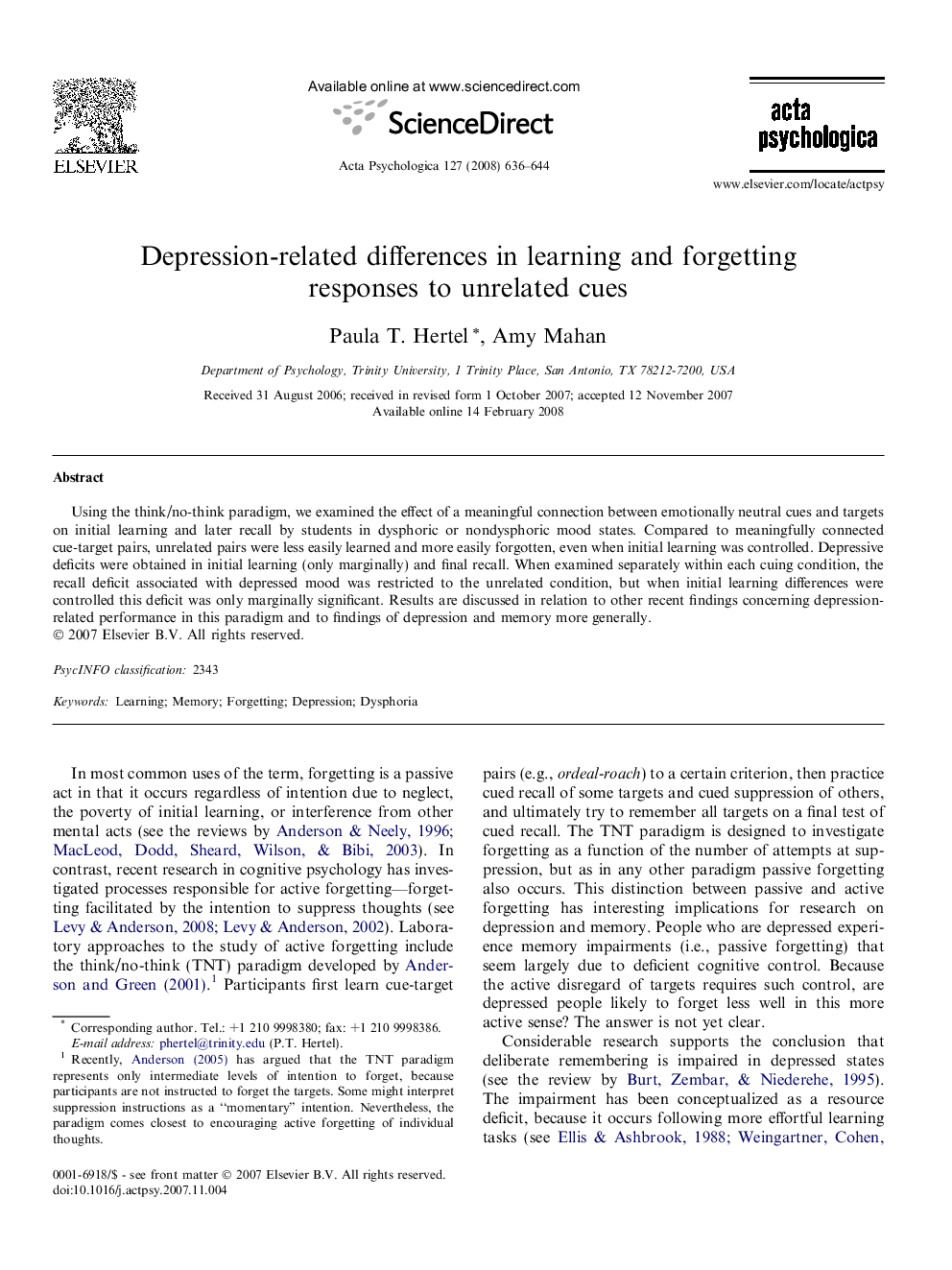 Depression-related differences in learning and forgetting responses to unrelated cues