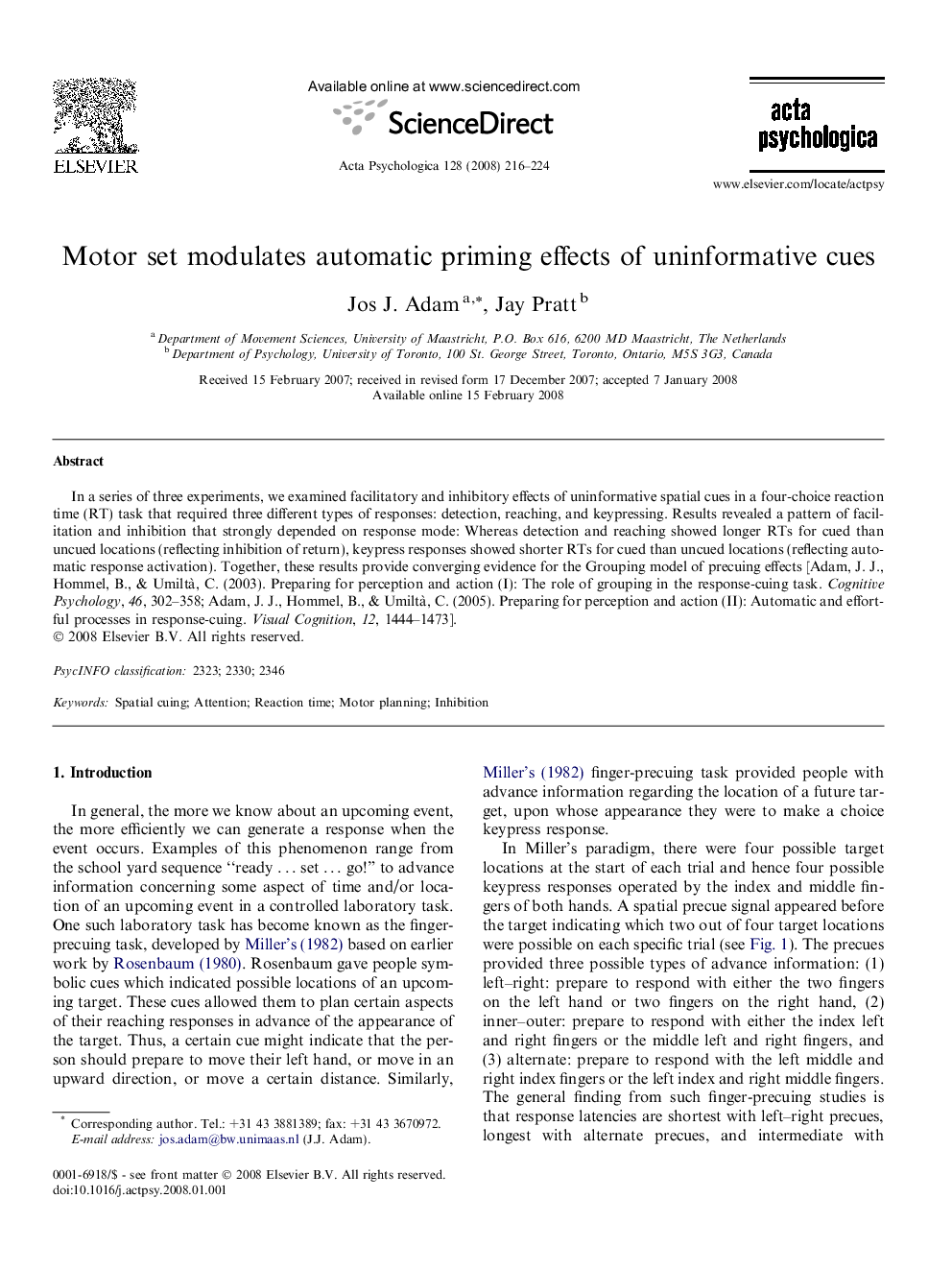 Motor set modulates automatic priming effects of uninformative cues