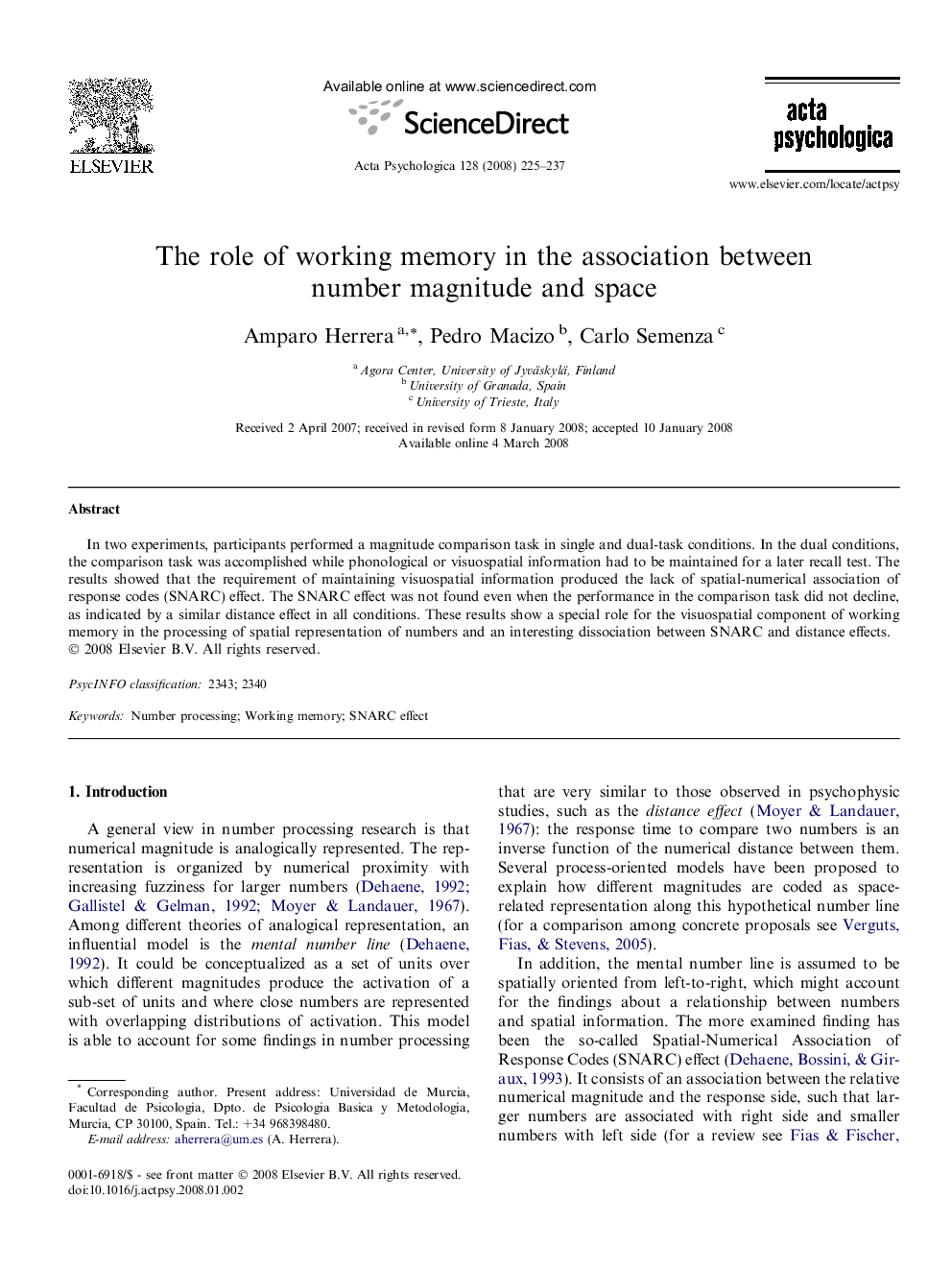 The role of working memory in the association between number magnitude and space